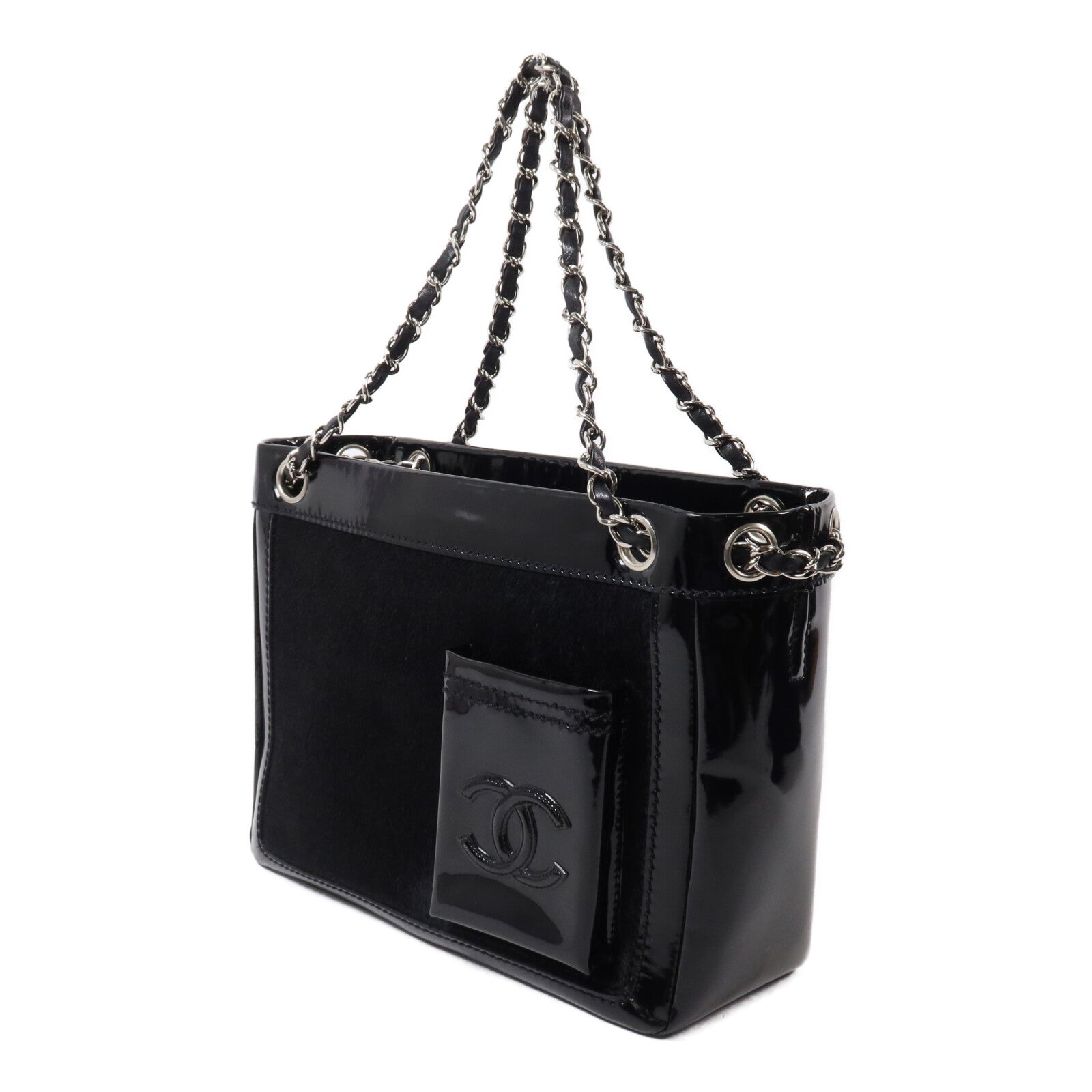 CHANEL 馬毛/漆皮皮革CC Pocket Tote鏈帶肩背袋