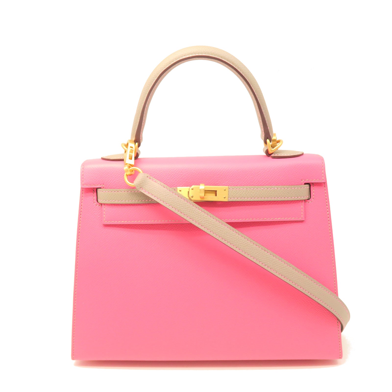 HERMES Epsom Leather Kelly 25 Gold Buckle Handle Shoulder Bag Rhododendron Pink/Grey