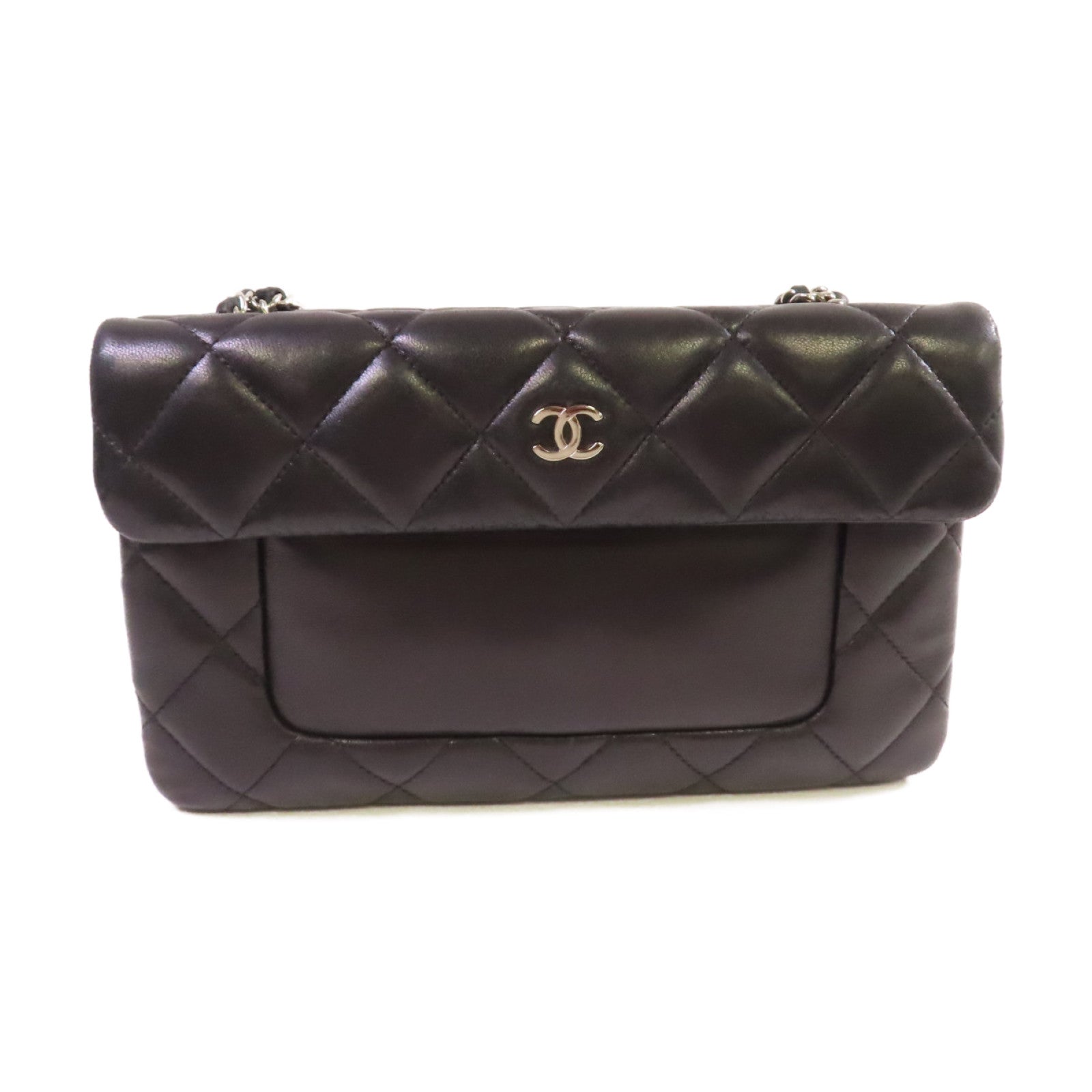 CHANEL 菱格羊皮皮革Chain Shoulder Bag銀扣鏈帶肩背袋黑色
