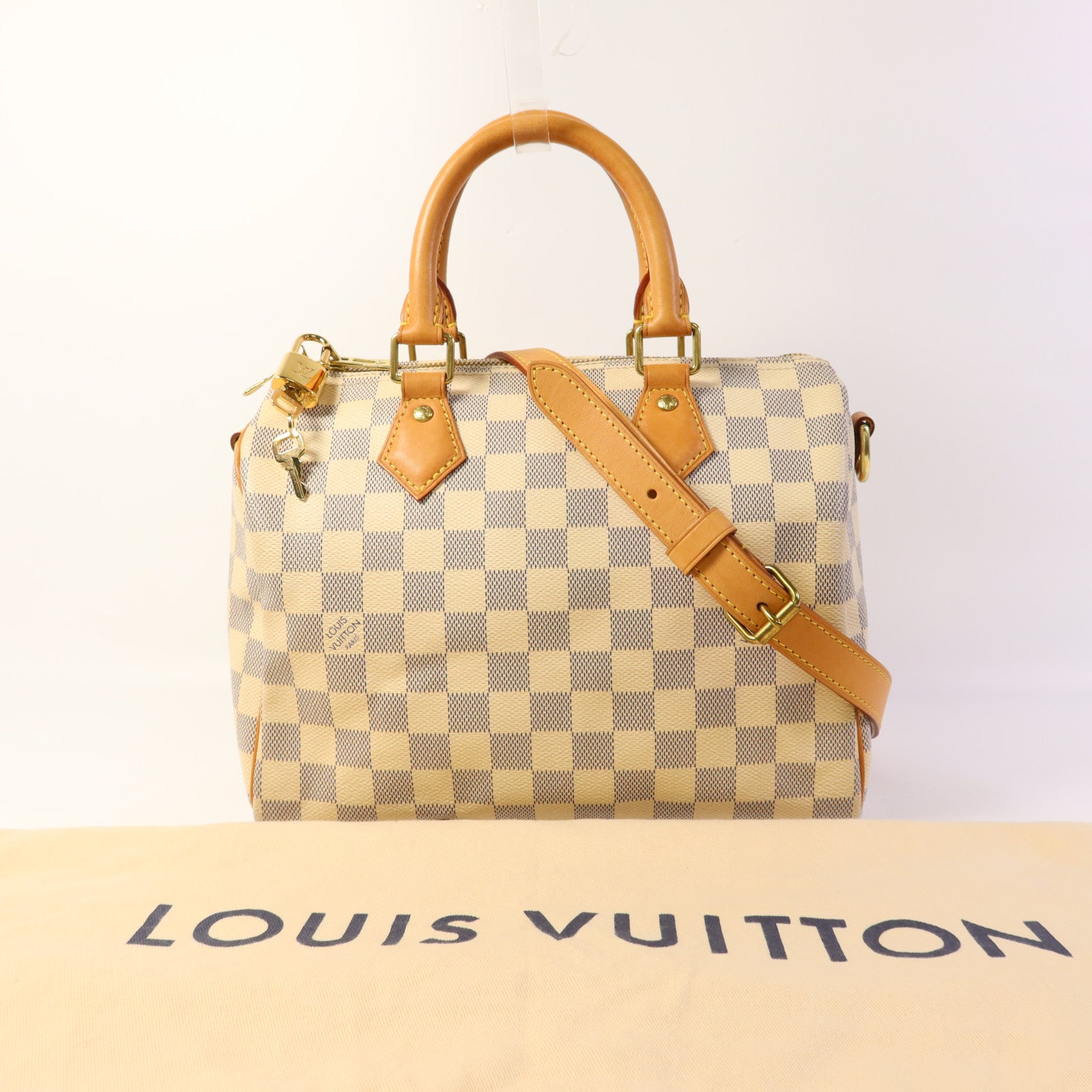 LOUIS VUITTON Damier Azur Speedy Bandouliere 25金扣手挽肩背兩用袋