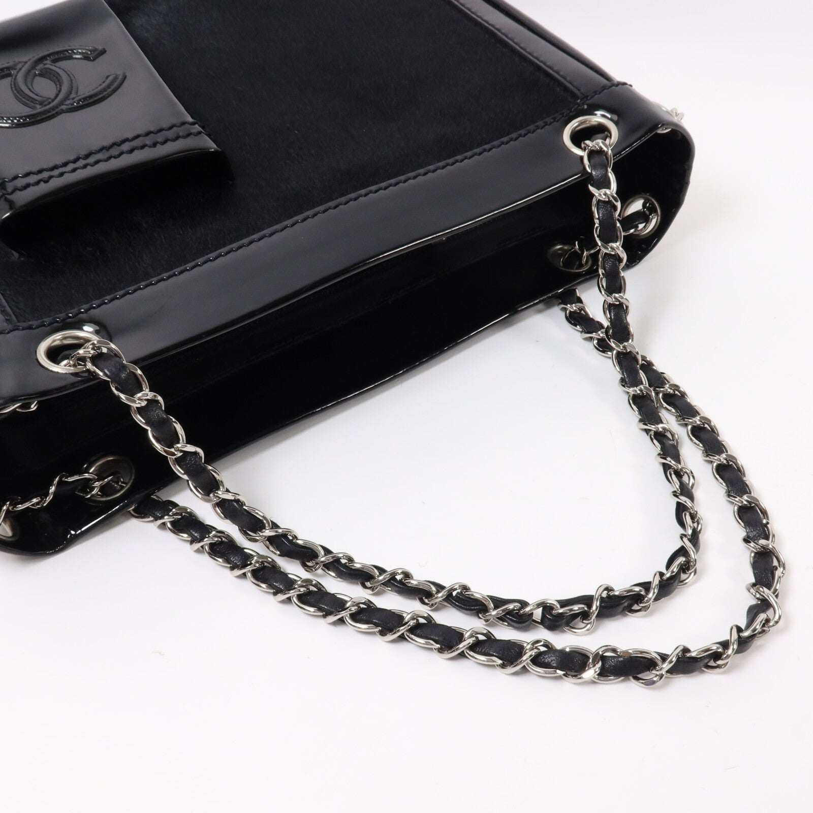 CHANEL 馬毛/漆皮皮革CC Pocket Tote鏈帶肩背袋