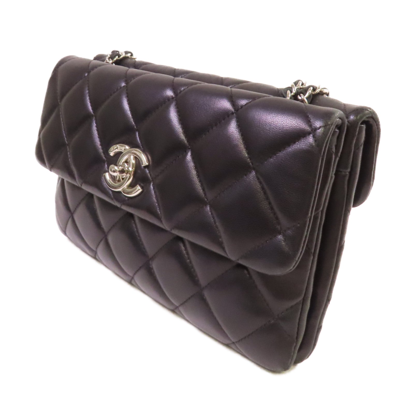 CHANEL 菱格羊皮皮革Chain Shoulder Bag銀扣鏈帶肩背袋黑色