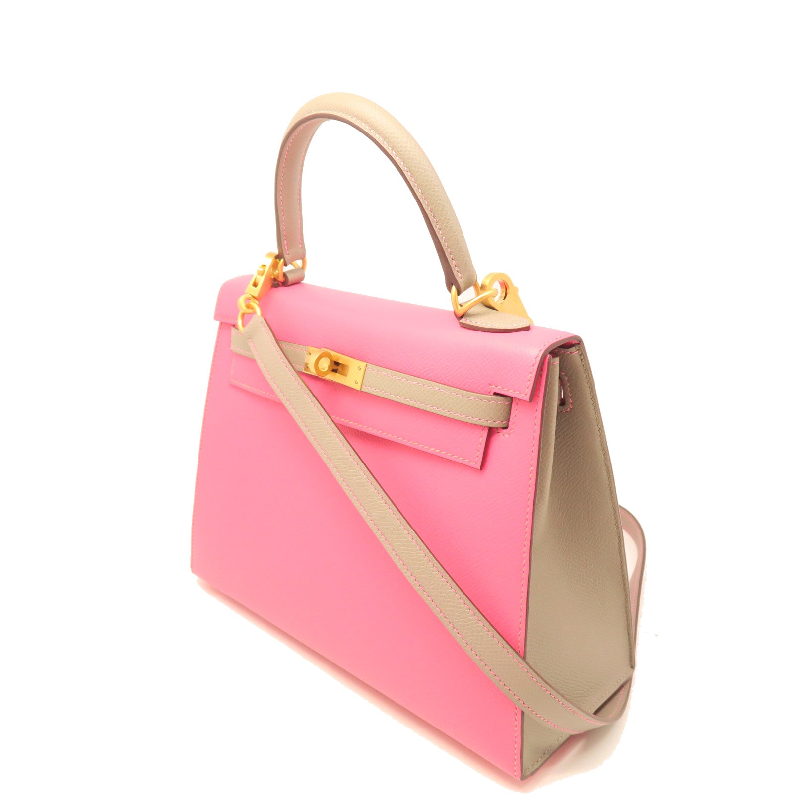 HERMES Epsom Leather Kelly 25 Gold Buckle Handle Shoulder Bag Rhododendron Pink/Grey