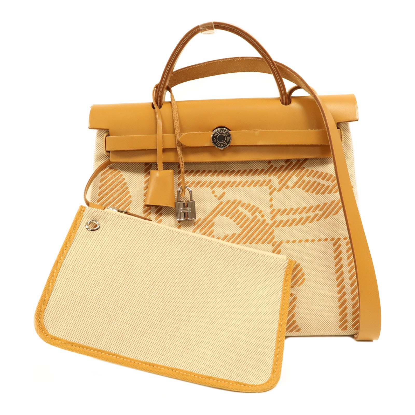HERMES 帆布Herbag PM銀扣手挽肩背兩用袋米色