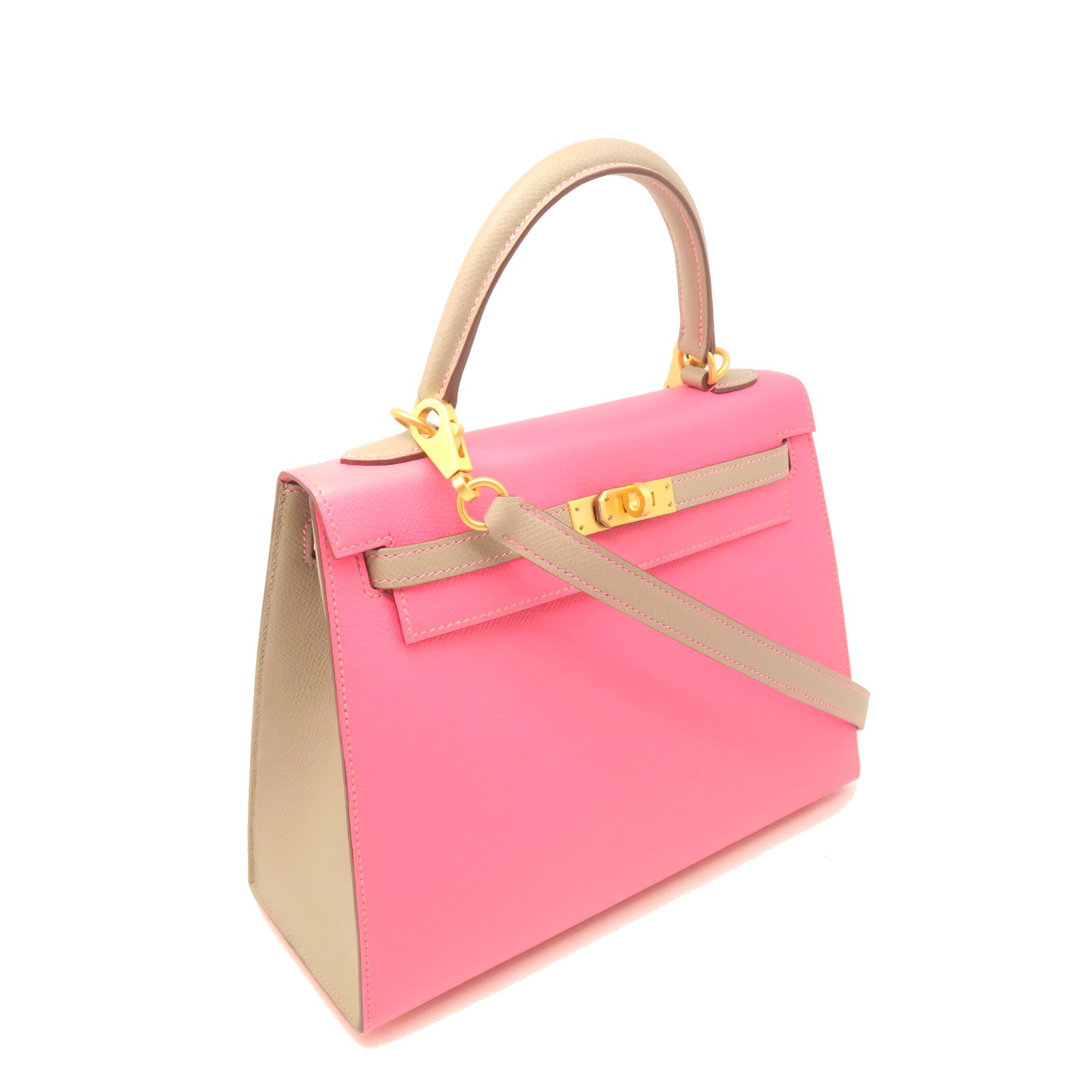 HERMES Epsom Leather Kelly 25 Gold Buckle Handle Shoulder Bag Rhododendron Pink/Grey