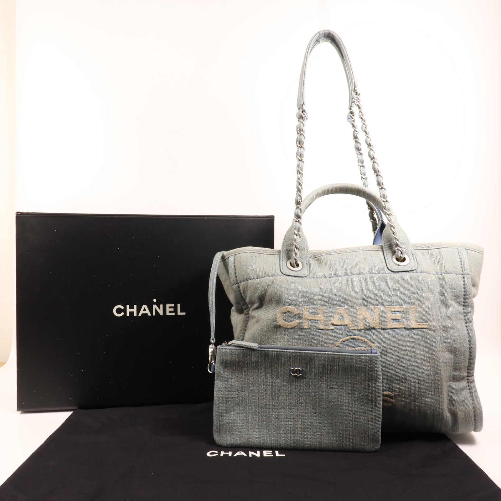 CHANEL 牛仔布Deauville Tote Small銀扣手挽肩背兩用袋