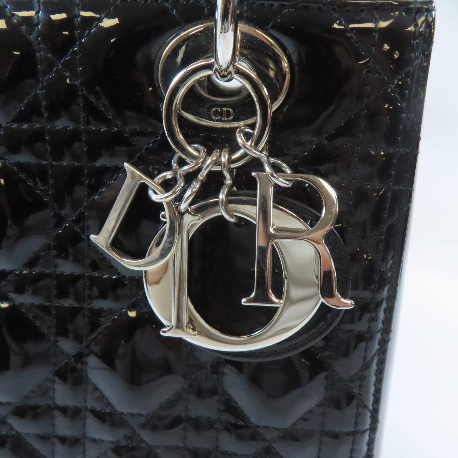 Dior 漆皮皮革Lady Dior銀扣手挽肩背兩用袋黑色