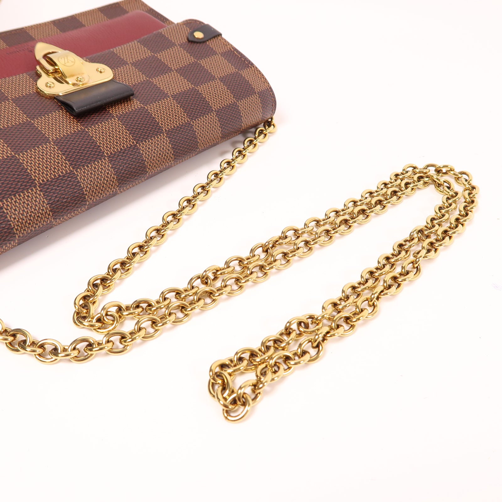 LOUIS VUITTON Damier Vavin WOC金扣鏈帶肩背袋啡色/紅色