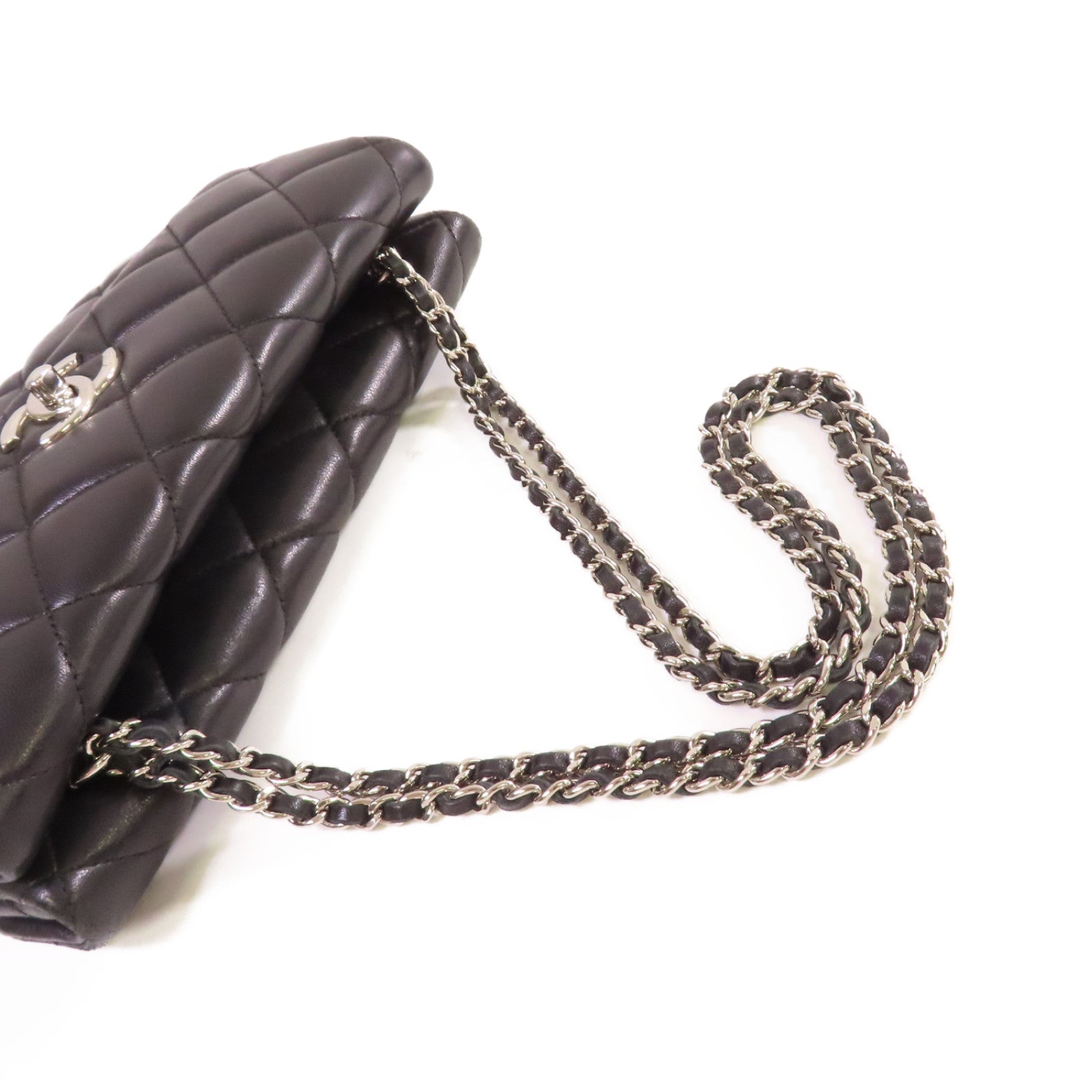 CHANEL 菱格羊皮皮革Chain Shoulder Bag銀扣鏈帶肩背袋黑色