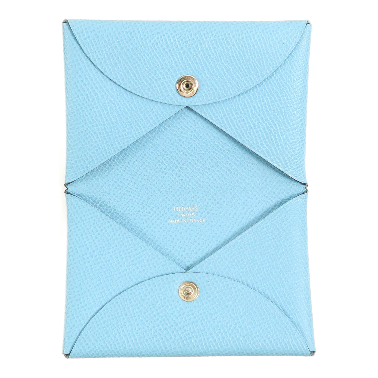 HERMES Epsom皮革Calvi銀扣卡片套Bleu Aztec淺藍色