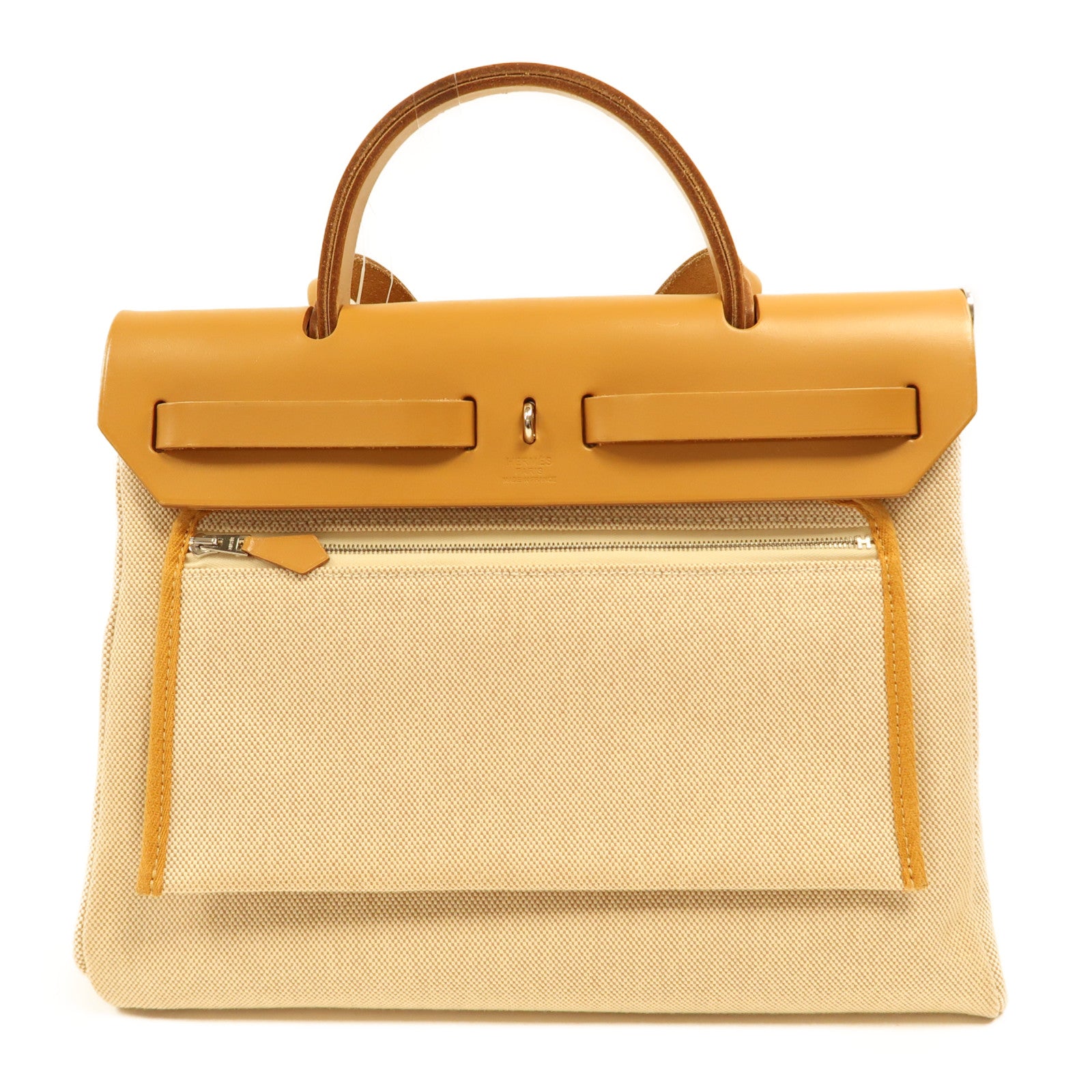 HERMES 帆布Herbag PM銀扣手挽肩背兩用袋米色