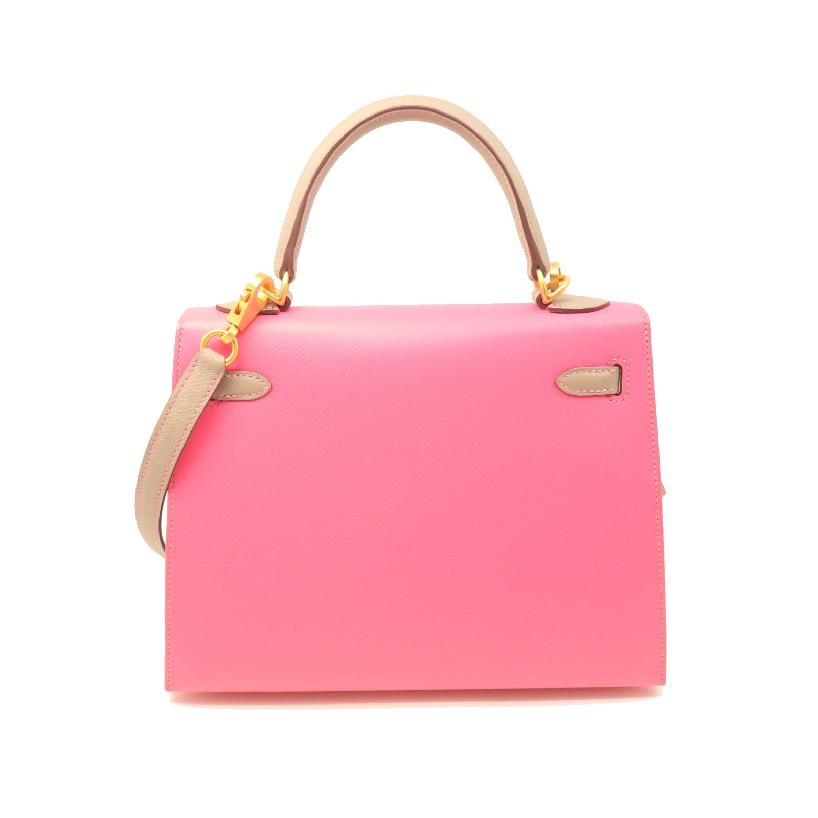 HERMES Epsom Leather Kelly 25 Gold Buckle Handle Shoulder Bag Rhododendron Pink/Grey