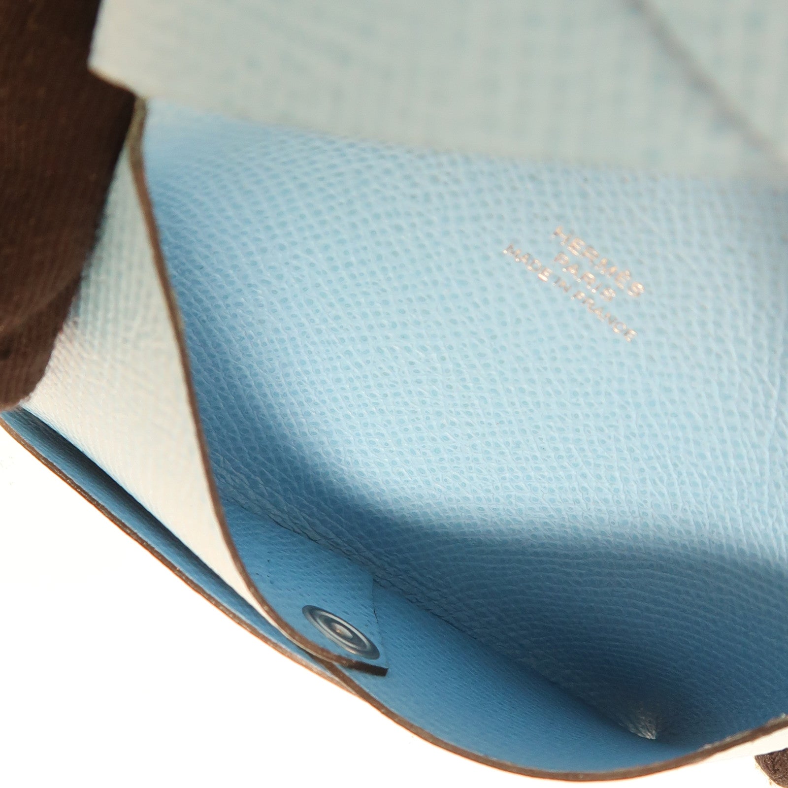 HERMES Epsom皮革Calvi銀扣卡片套Bleu Aztec淺藍色