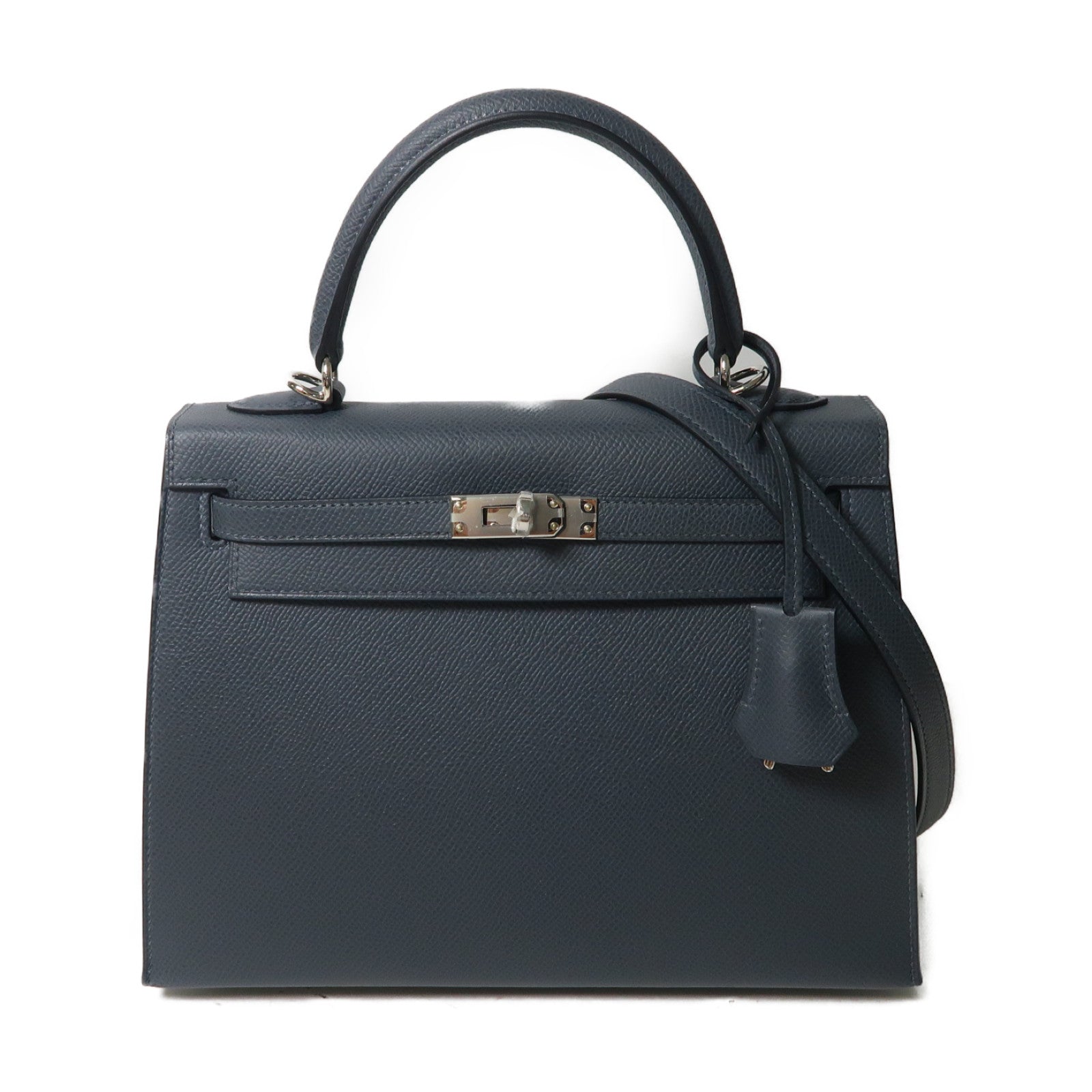 HERMES 【激減優惠】Epsom皮革Kelly 25銀扣手挽肩背兩用袋Gris Misty靛藍色