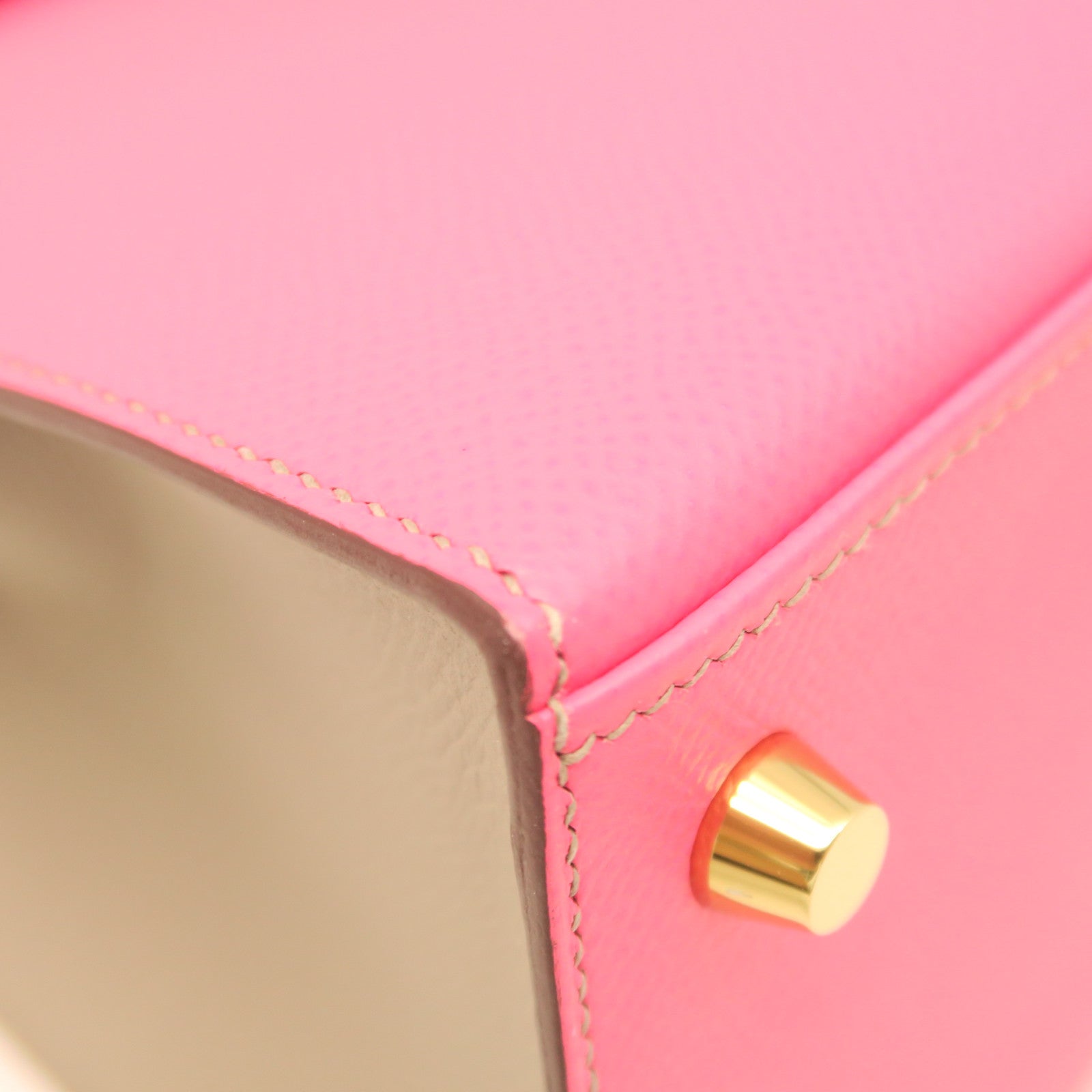 HERMES Epsom Leather Kelly 25 Gold Buckle Handle Shoulder Bag Rhododendron Pink/Grey