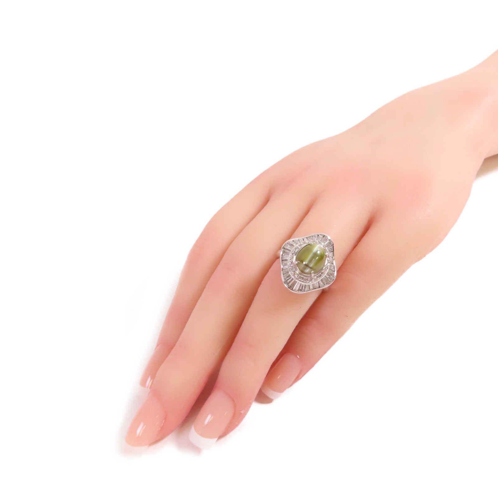 JEWELRY PT900鉑金/3.69ct貓眼石/1.52ct鑚石Cat's Eye Diamond Ring戒指US#5.5