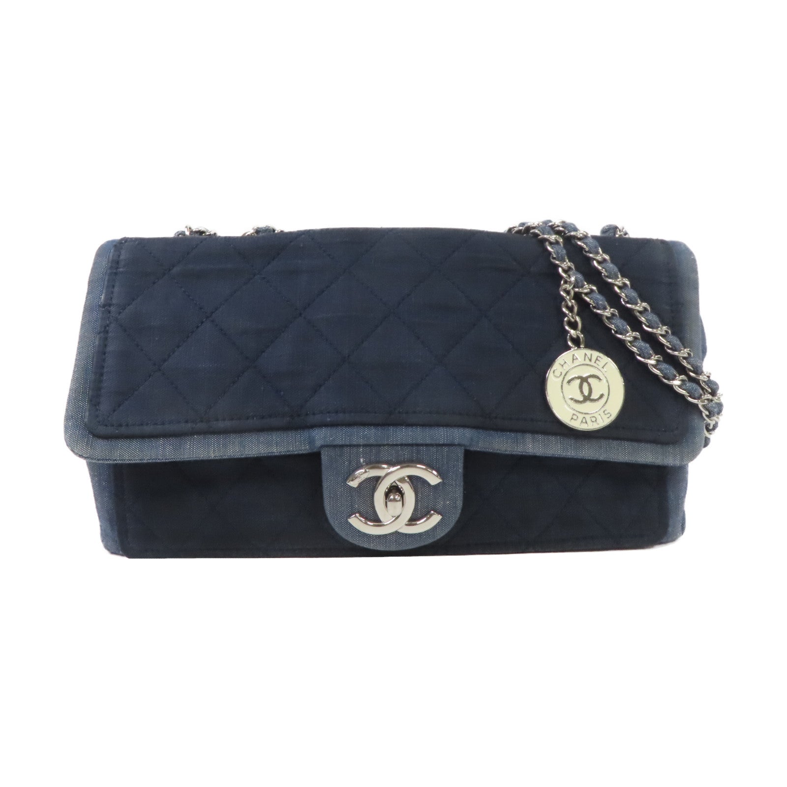 CHANEL 牛仔布Chain Shoulder銀扣鏈帶肩背袋藍色