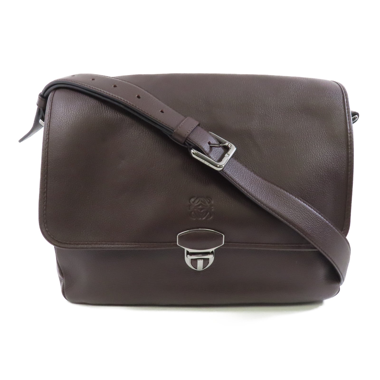 LOEWE 牛皮皮革Shoulder Bag銀扣肩背袋啡色