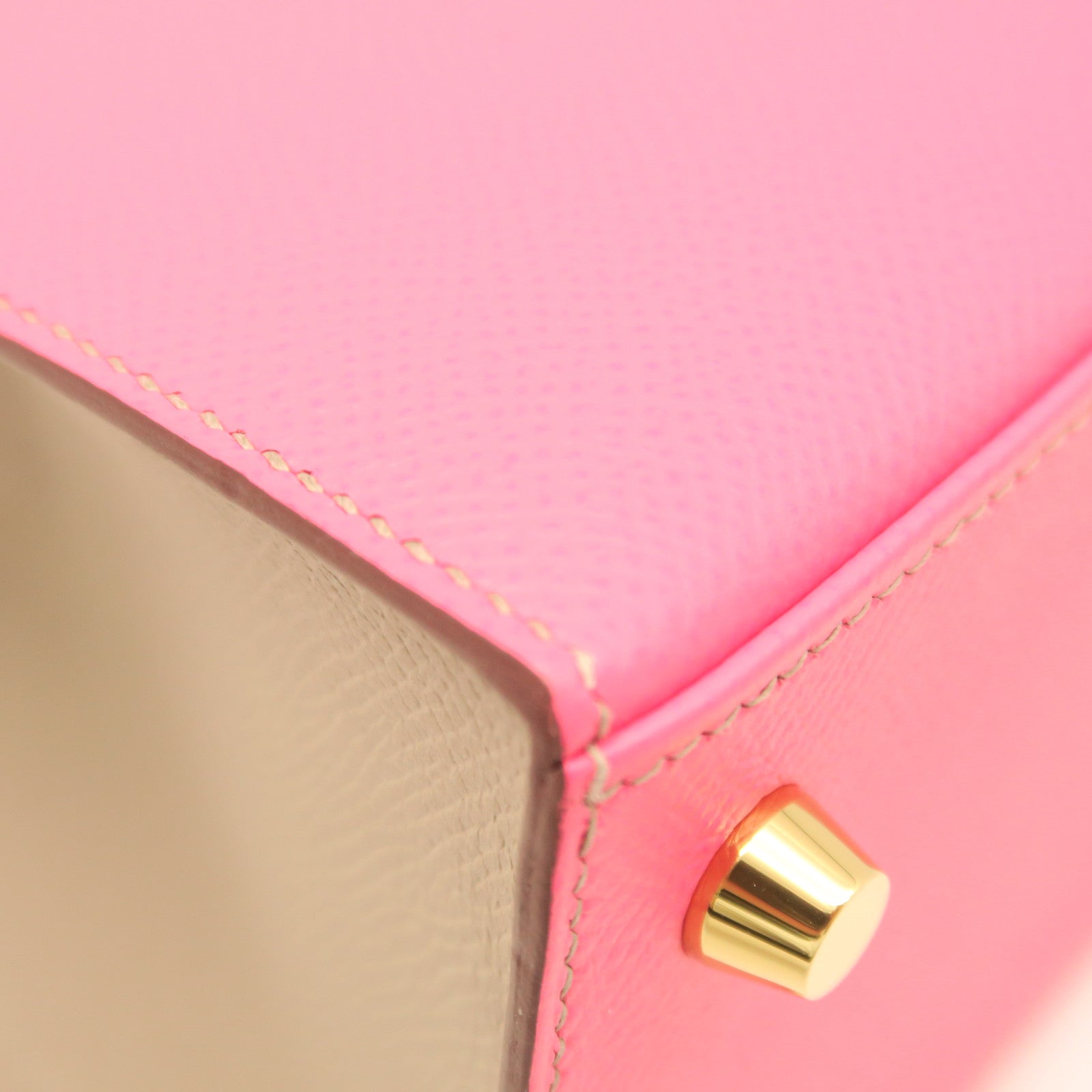 HERMES Epsom Leather Kelly 25 Gold Buckle Handle Shoulder Bag Rhododendron Pink/Grey