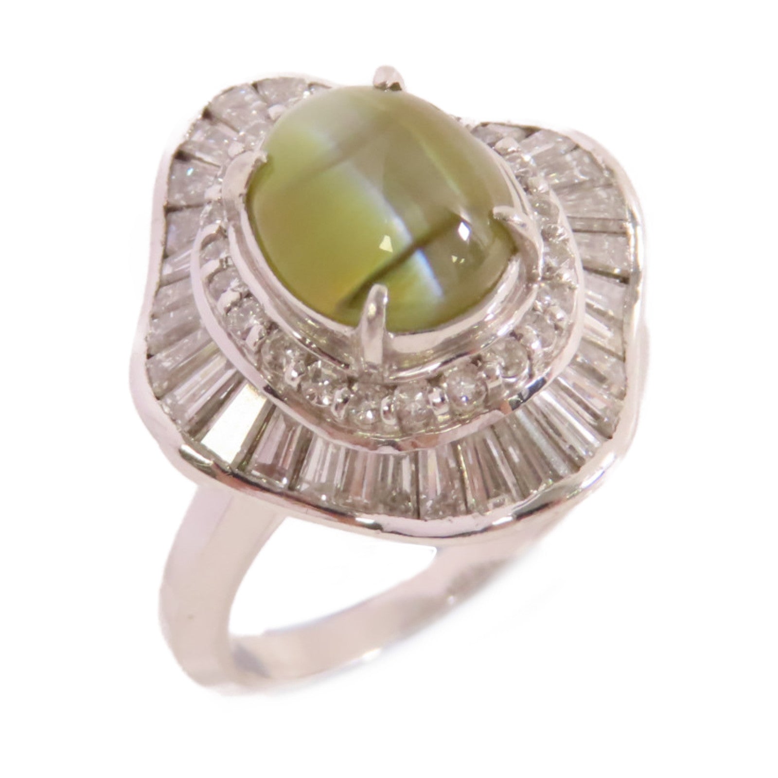 JEWELRY PT900鉑金/3.69ct貓眼石/1.52ct鑚石Cat's Eye Diamond Ring戒指US#5.5