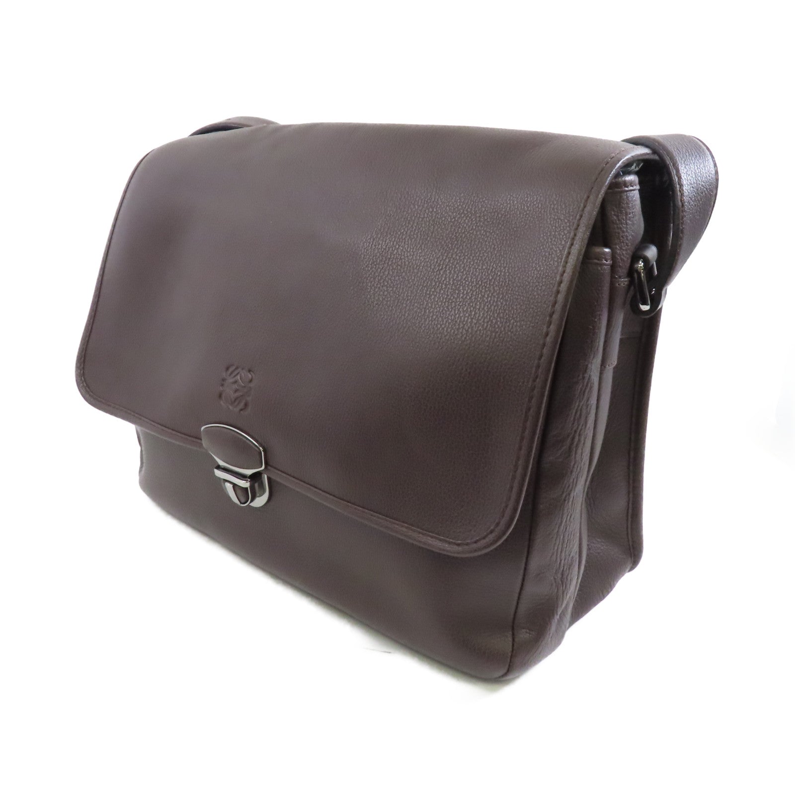 LOEWE 牛皮皮革Shoulder Bag銀扣肩背袋啡色