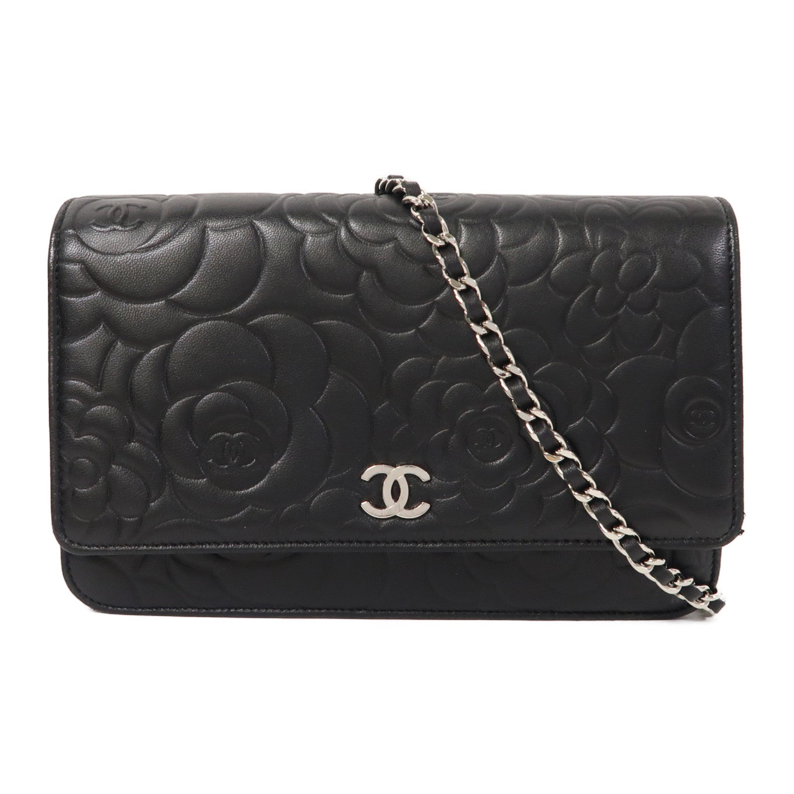 CHANEL 牛皮皮革WOC銀扣鏈帶肩背袋黑色