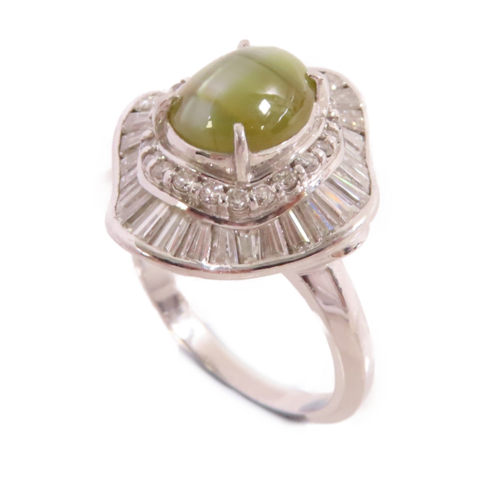 JEWELRY PT900鉑金/3.69ct貓眼石/1.52ct鑚石Cat's Eye Diamond Ring戒指US#5.5