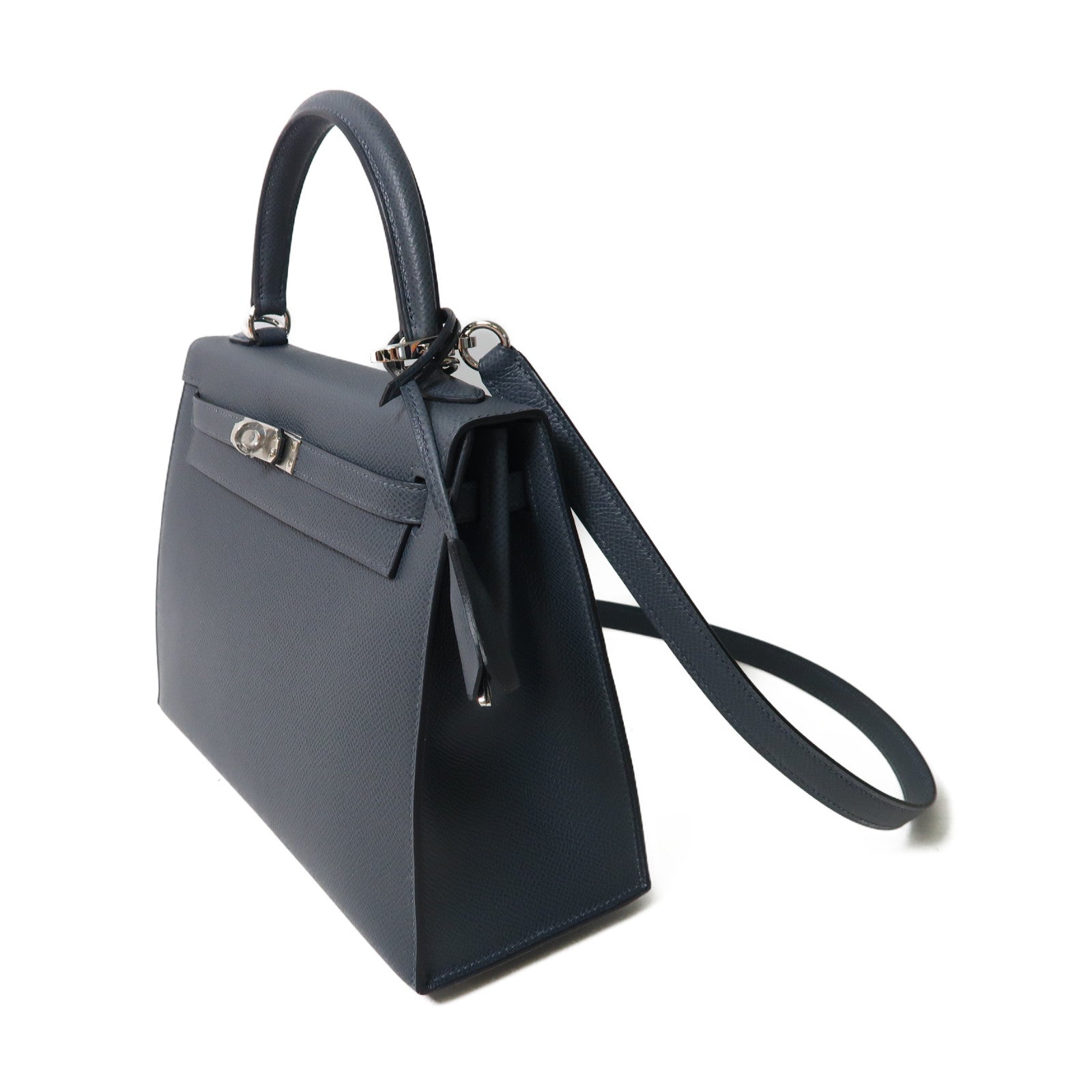 HERMES 【激減優惠】Epsom皮革Kelly 25銀扣手挽肩背兩用袋Gris Misty靛藍色