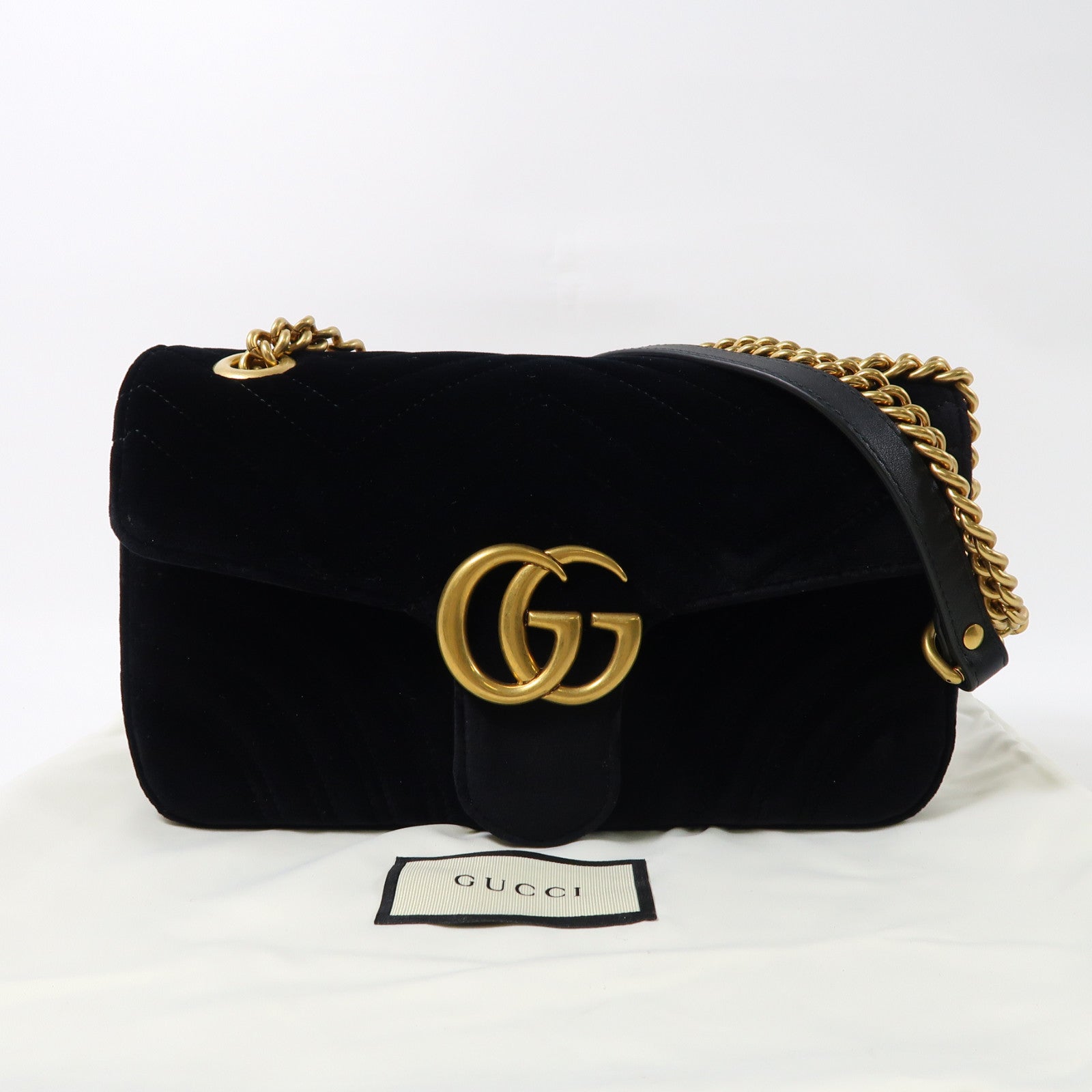 GUCCI 絨布GG Marmont金扣鏈帶肩背袋黑色