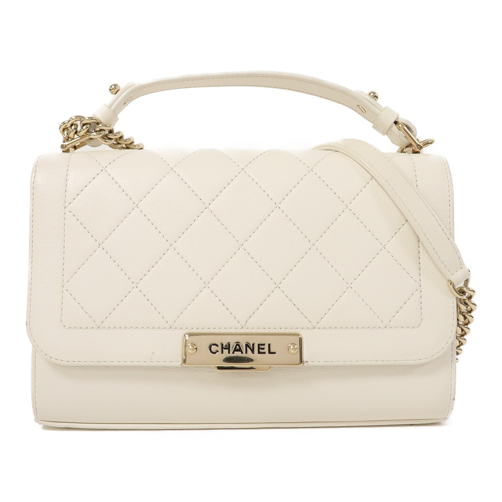 CHANEL 【激減優惠】菱格牛皮皮革Chain Shoulder金扣手挽鏈帶肩背兩用袋白色
