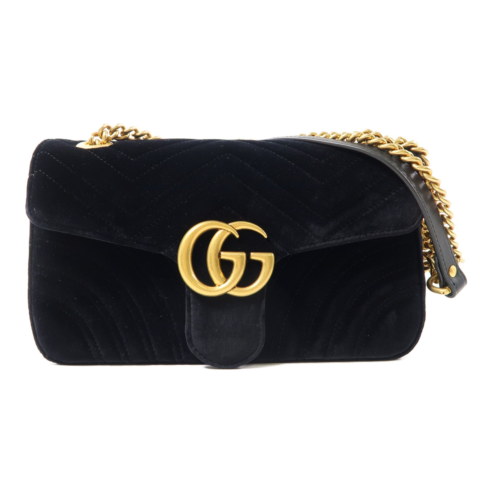 GUCCI 絨布GG Marmont金扣鏈帶肩背袋黑色
