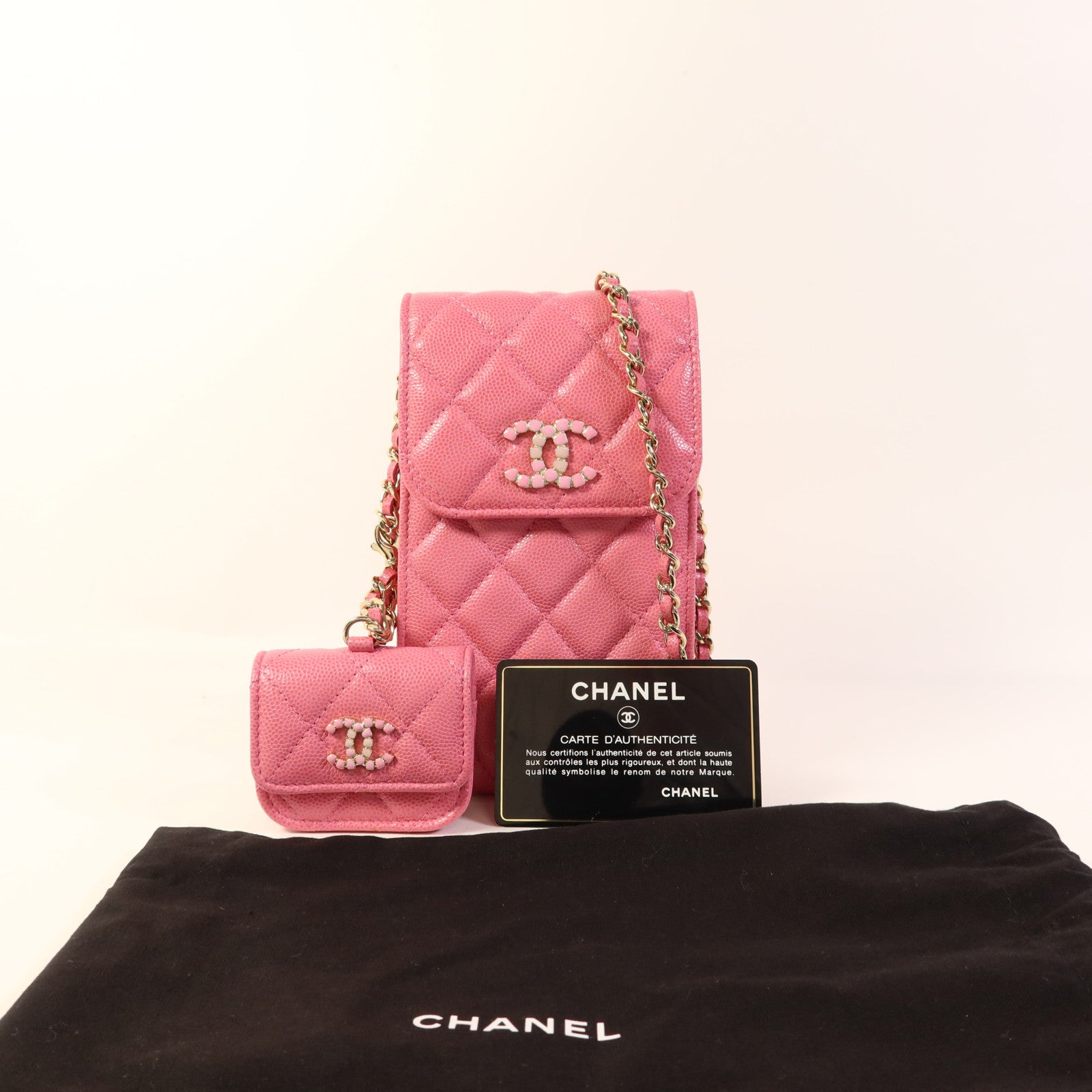 CHANEL 牛皮皮革Phone Holder金扣鏈帶肩背袋