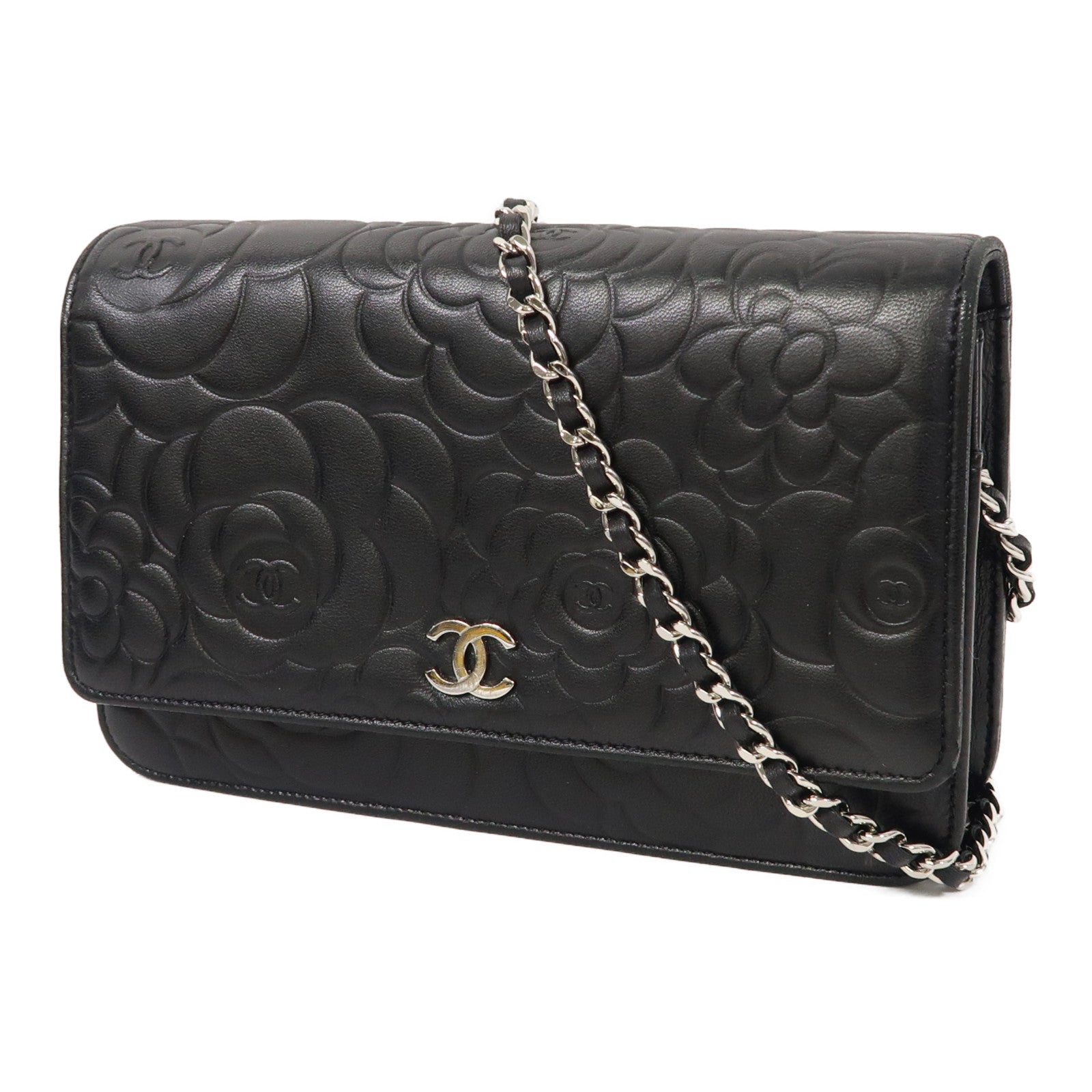 CHANEL 牛皮皮革WOC銀扣鏈帶肩背袋黑色