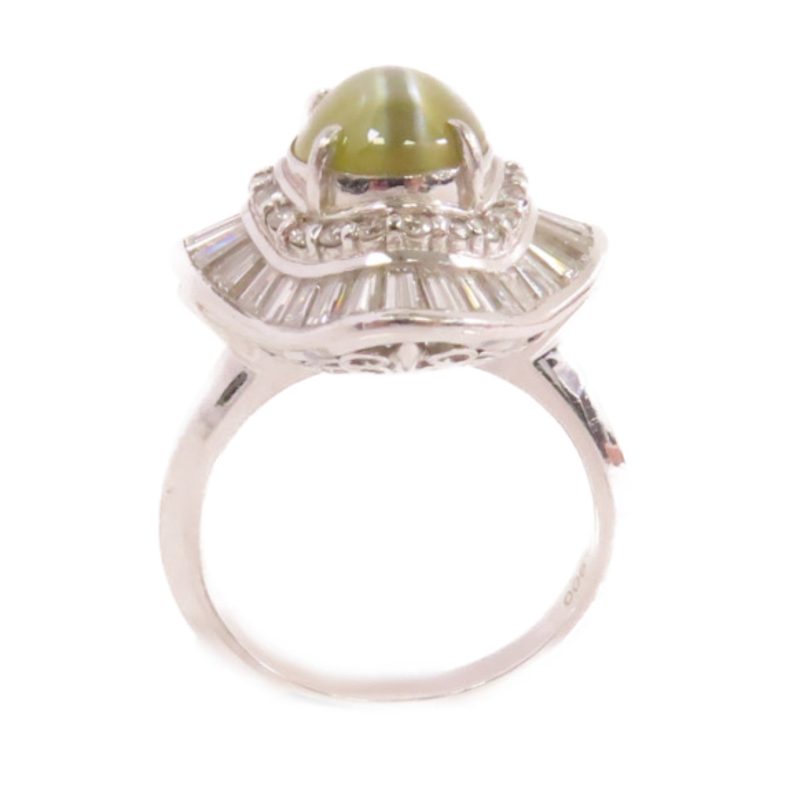 JEWELRY PT900鉑金/3.69ct貓眼石/1.52ct鑚石Cat's Eye Diamond Ring戒指US#5.5