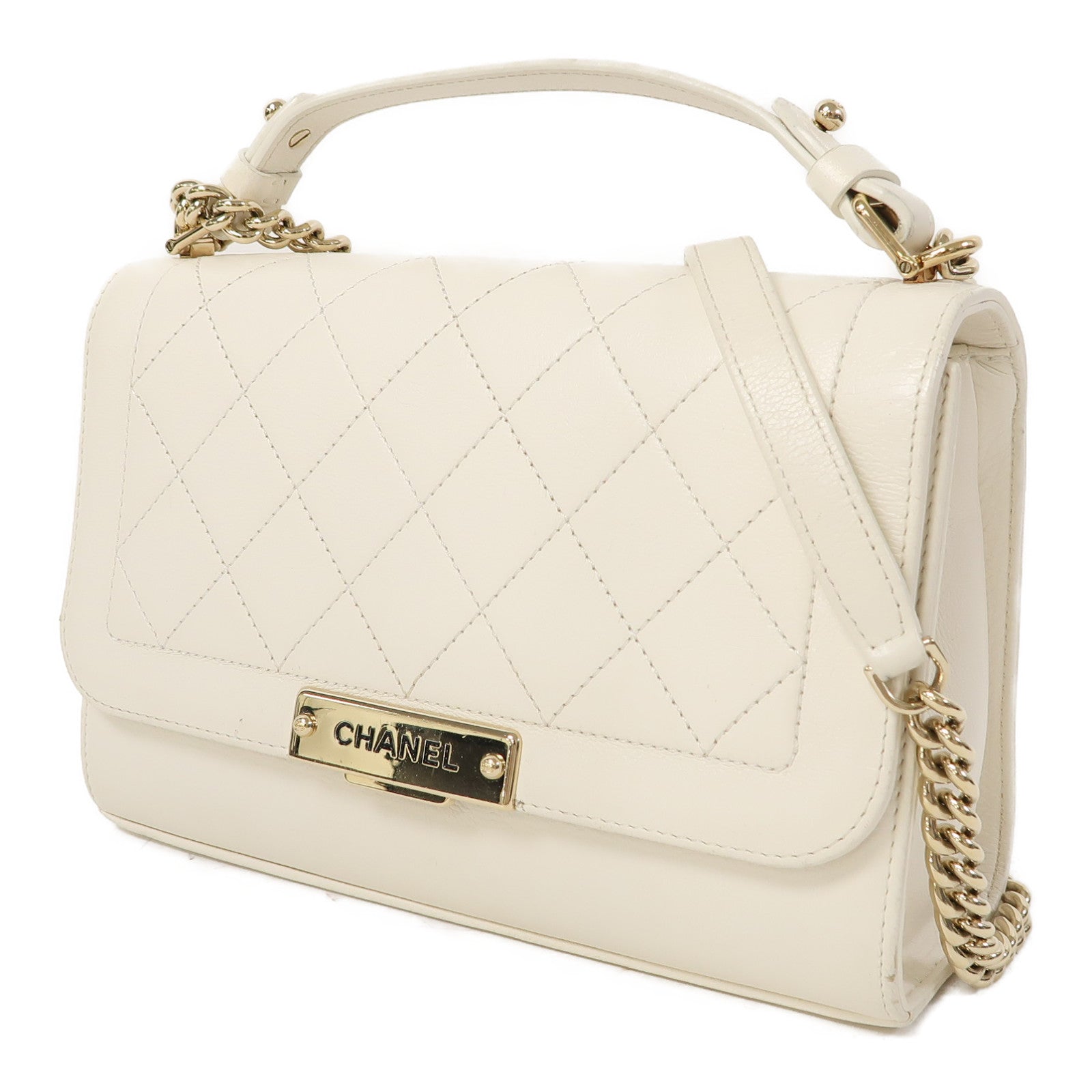 CHANEL 【激減優惠】菱格牛皮皮革Chain Shoulder金扣手挽鏈帶肩背兩用袋白色