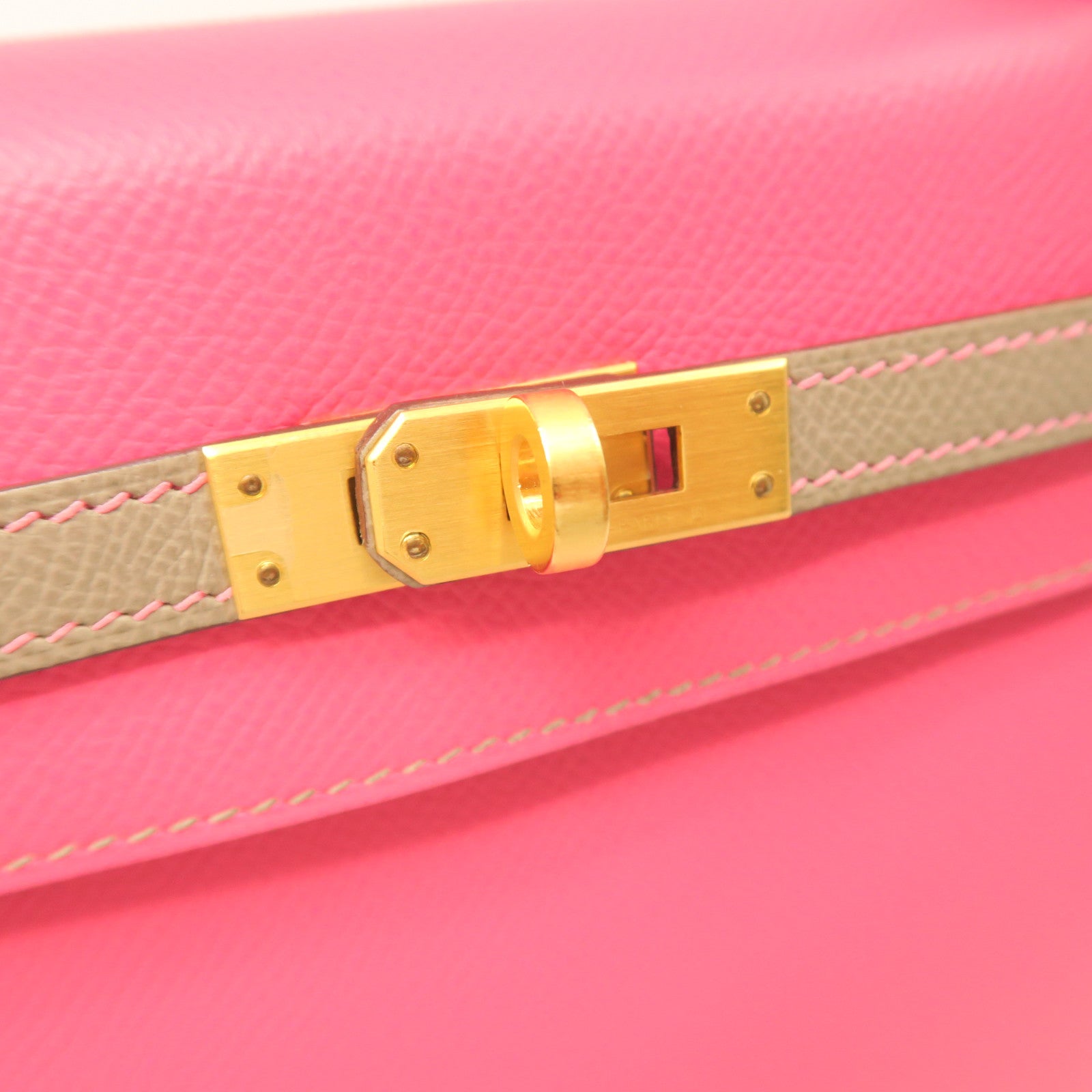 HERMES Epsom Leather Kelly 25 Gold Buckle Handle Shoulder Bag Rhododendron Pink/Grey