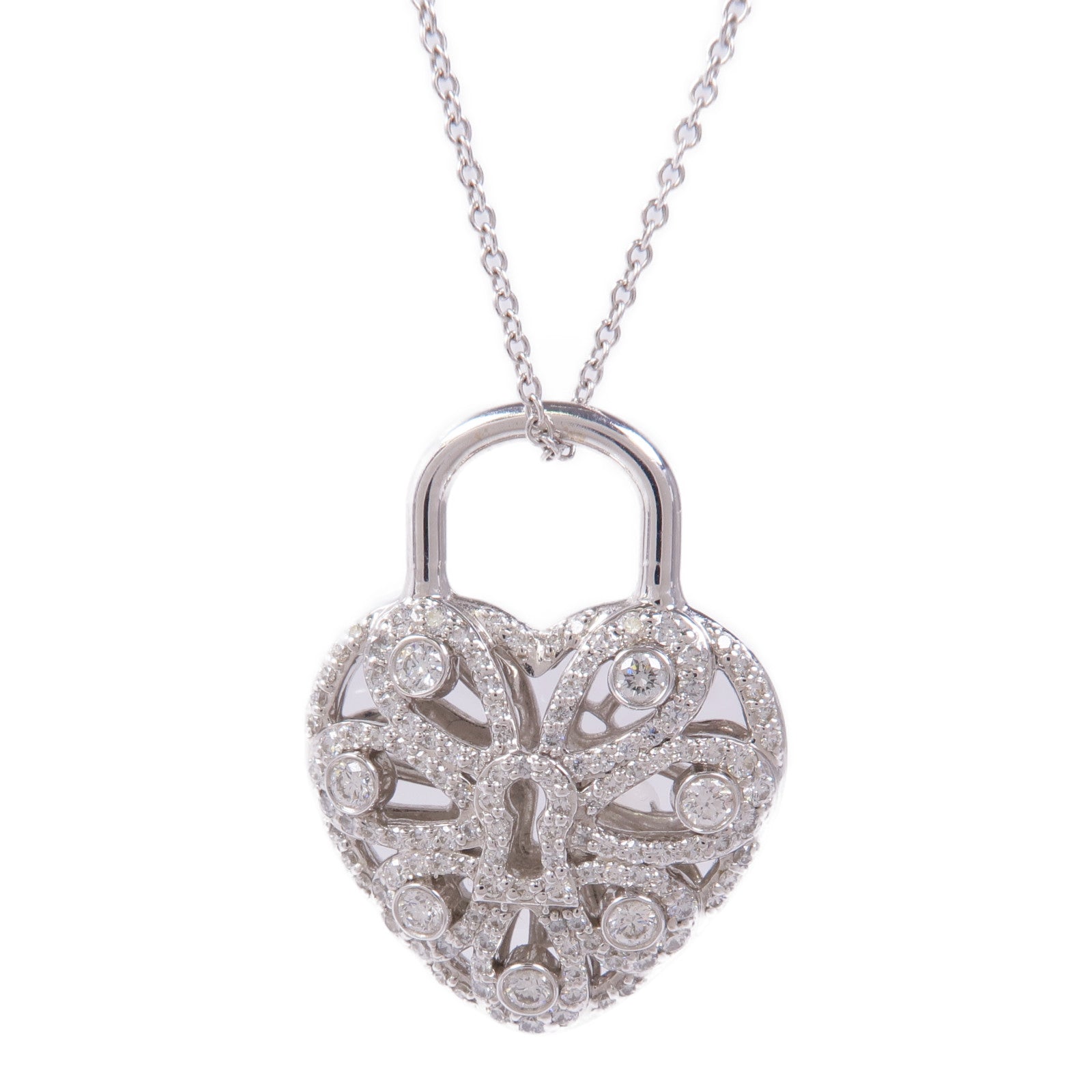 TIFFANY＆CO 18K白金Heart Lock Pendant鑽石項鍊