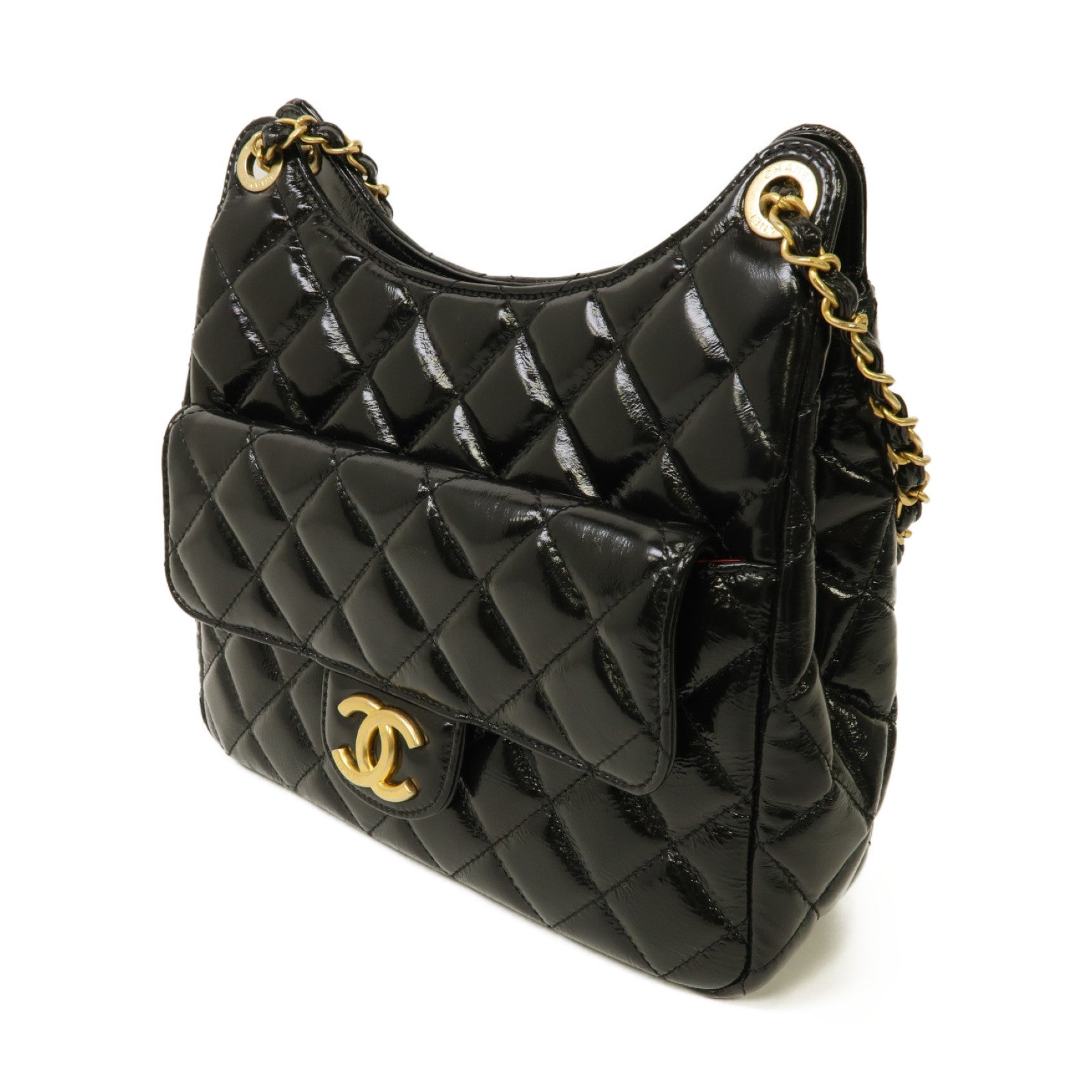 CHANEL 菱格漆皮皮革Chain Shoulder Bag金扣鏈帶肩背袋黒色