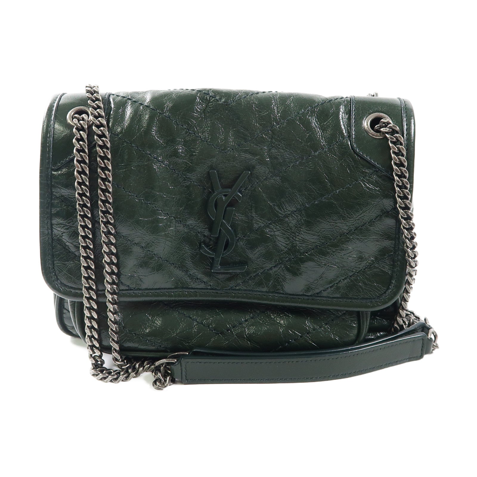 SAINT LAURENT 牛皮皮革Mini Niki Chain Shoulder Bag銀扣鏈帶肩背袋綠色