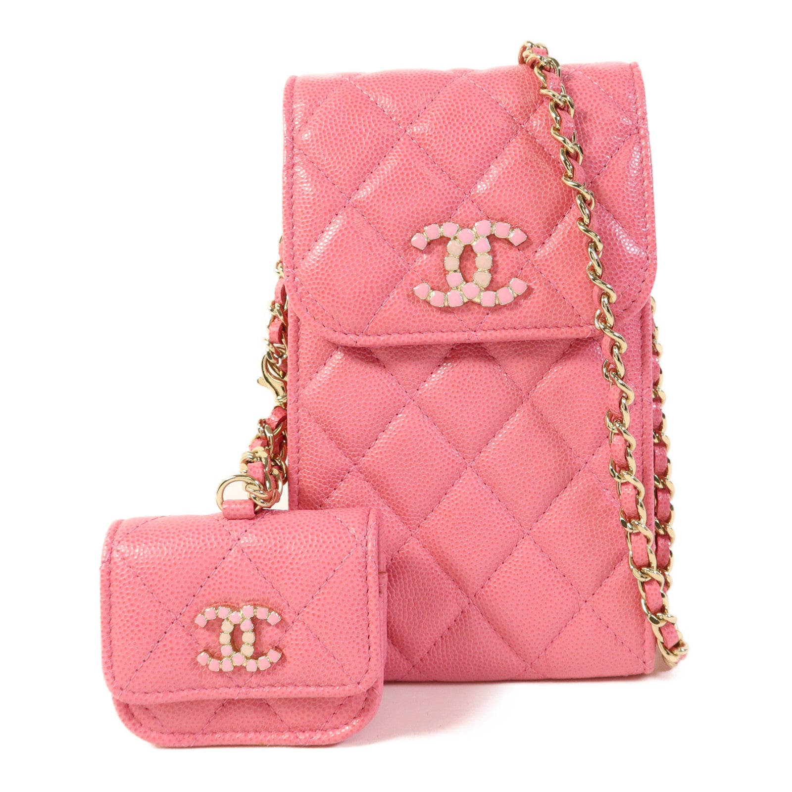 CHANEL 牛皮皮革Phone Holder金扣鏈帶肩背袋