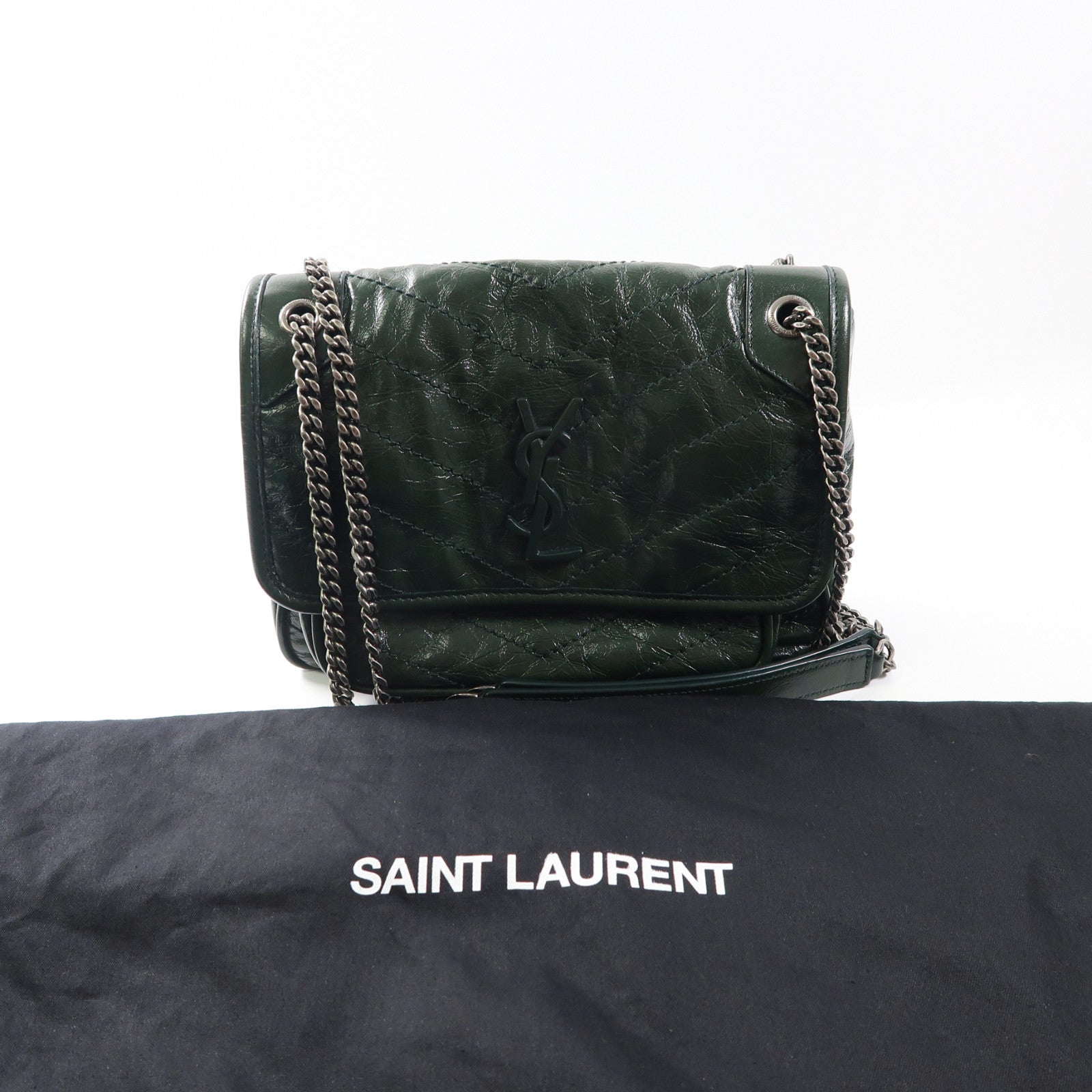 SAINT LAURENT 牛皮皮革Mini Niki Chain Shoulder Bag銀扣鏈帶肩背袋綠色