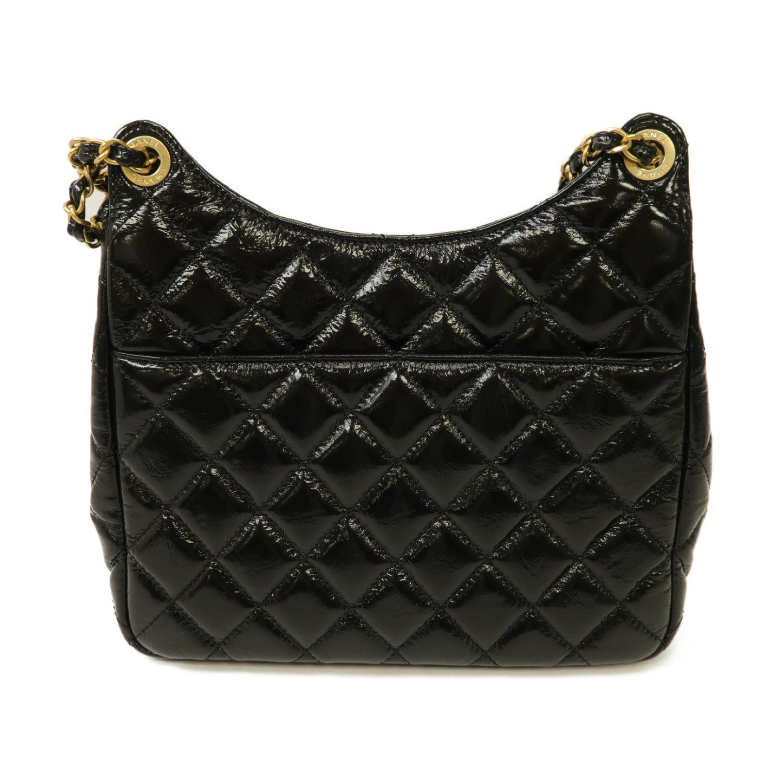 CHANEL 菱格漆皮皮革Chain Shoulder Bag金扣鏈帶肩背袋黒色