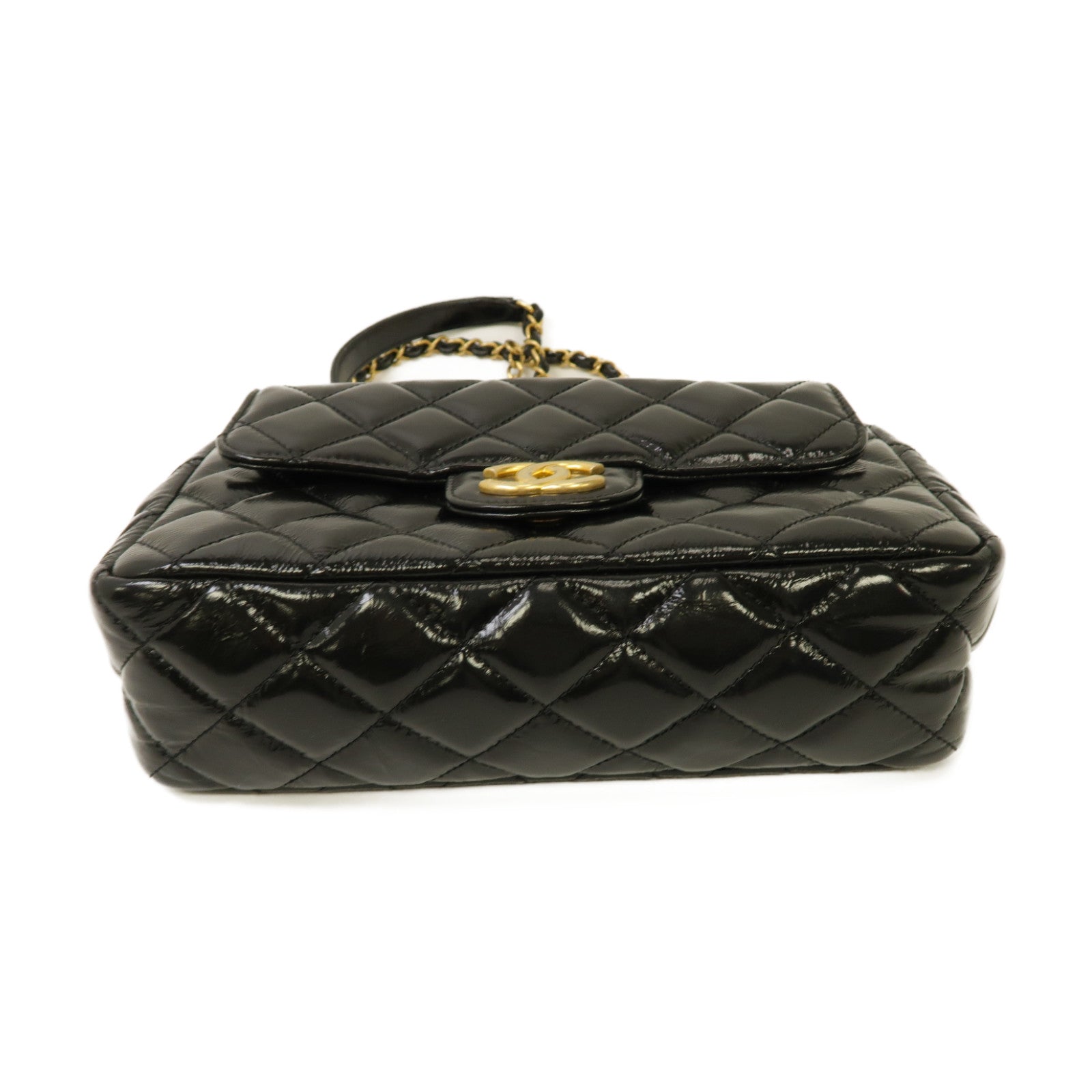 CHANEL 菱格漆皮皮革Chain Shoulder Bag金扣鏈帶肩背袋黒色