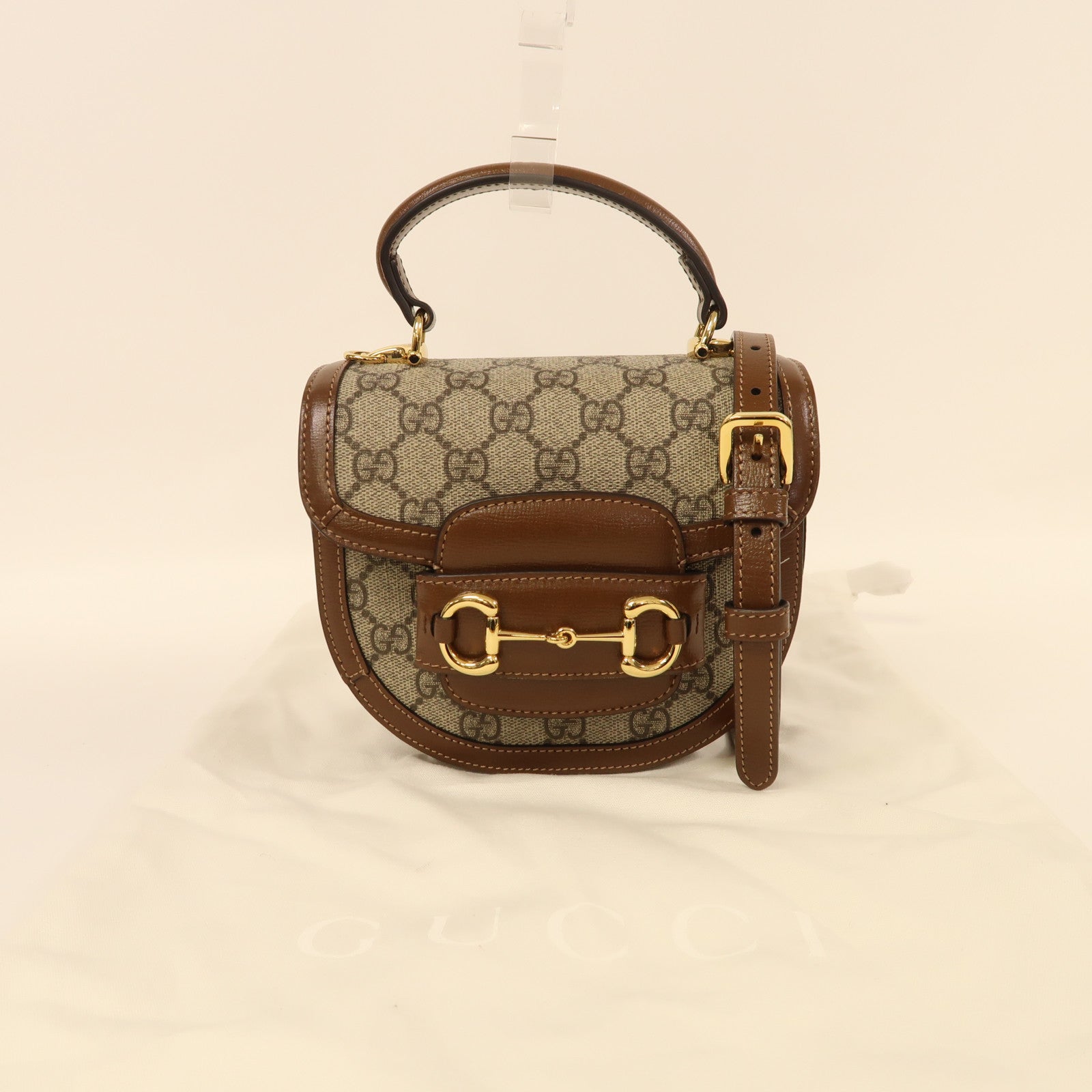 GUCCI 塗層帆布/牛皮皮革Horsebit 1955 Mini金扣手挽肩背兩用袋啡色