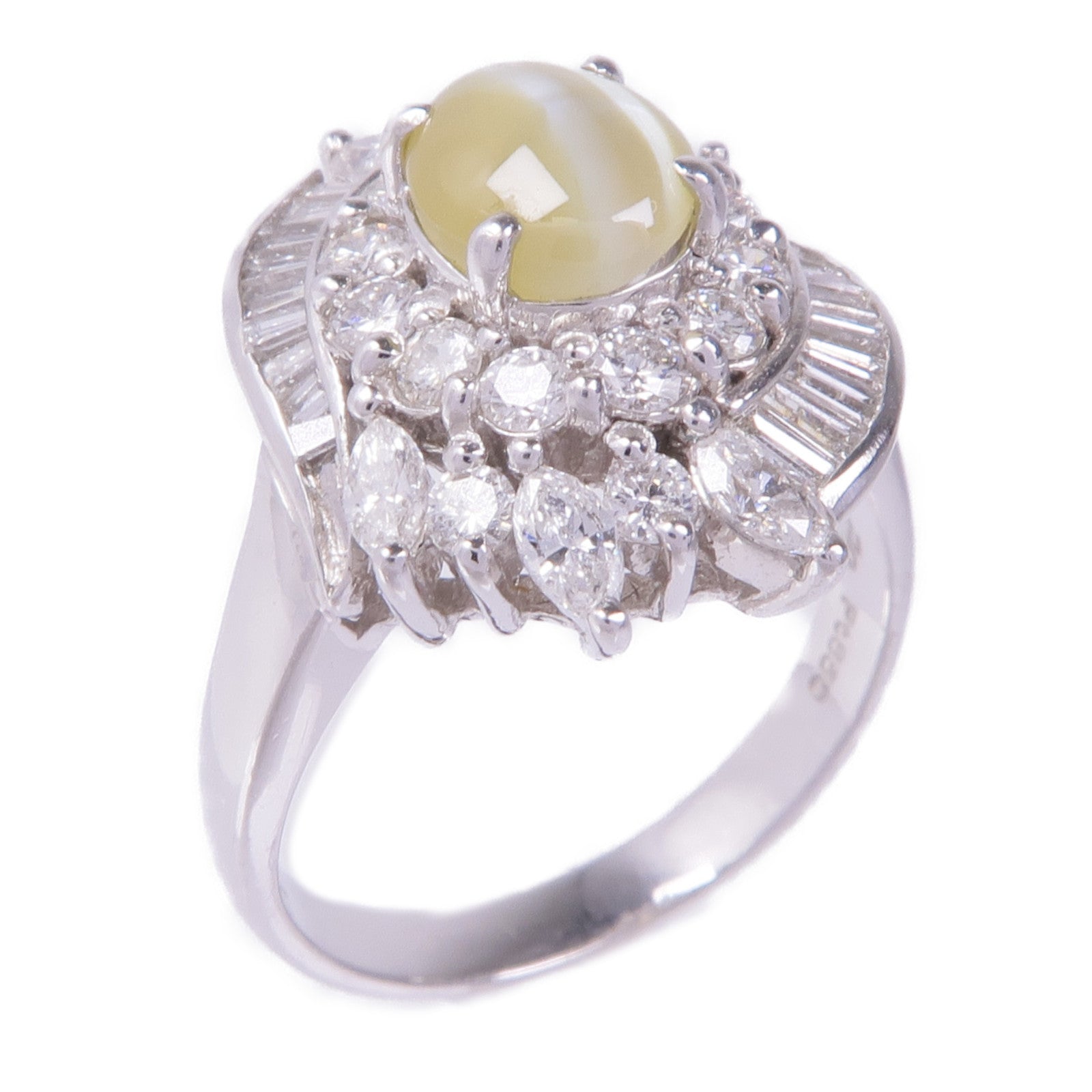 JEWELRY PT850鉑金Chrysoberyl Cats Eye Diamond Ring金綠玉貓眼/鑽石戒指US#6