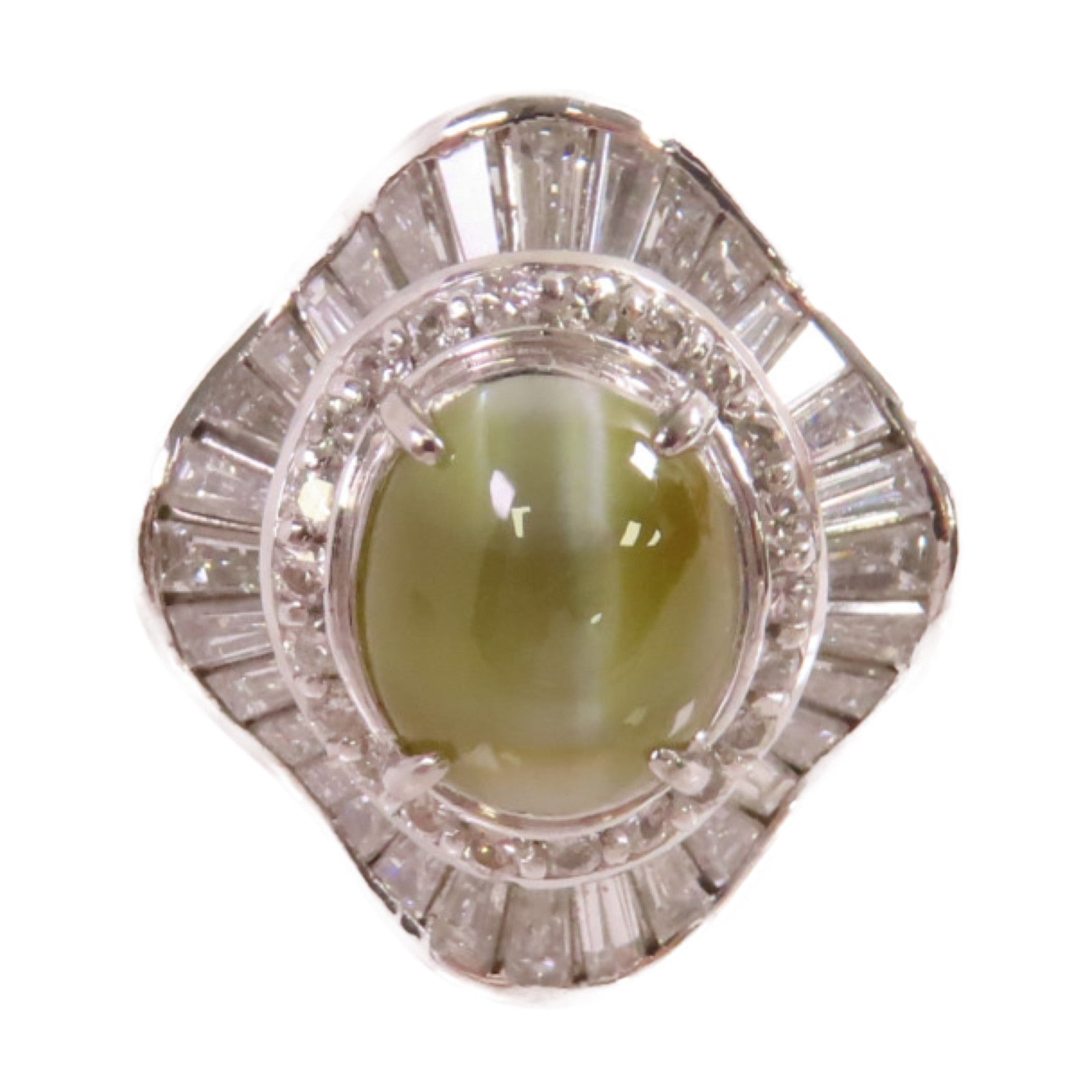 JEWELRY PT900鉑金/3.69ct貓眼石/1.52ct鑚石Cat's Eye Diamond Ring戒指US#5.5