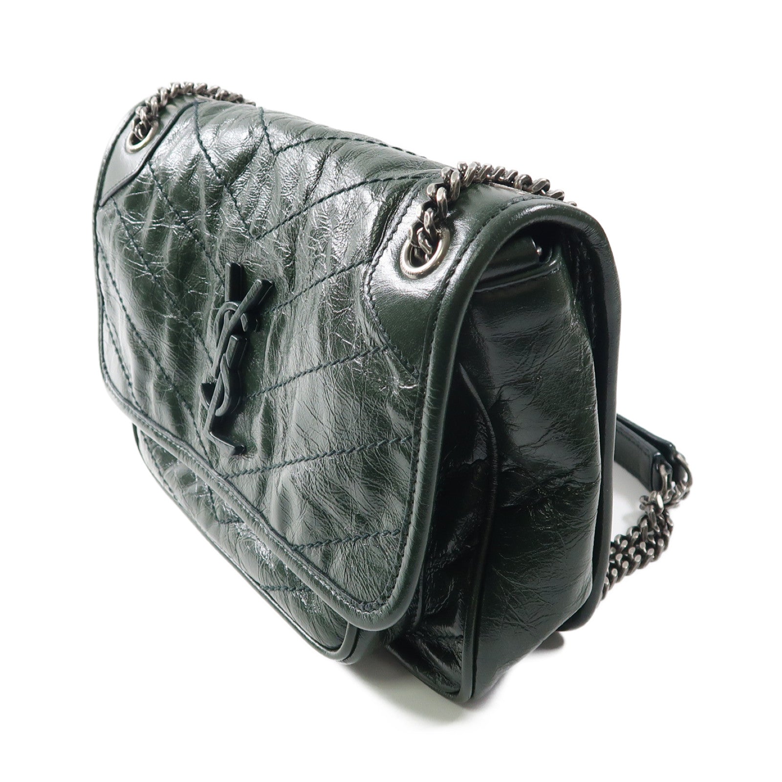 SAINT LAURENT 牛皮皮革Mini Niki Chain Shoulder Bag銀扣鏈帶肩背袋綠色
