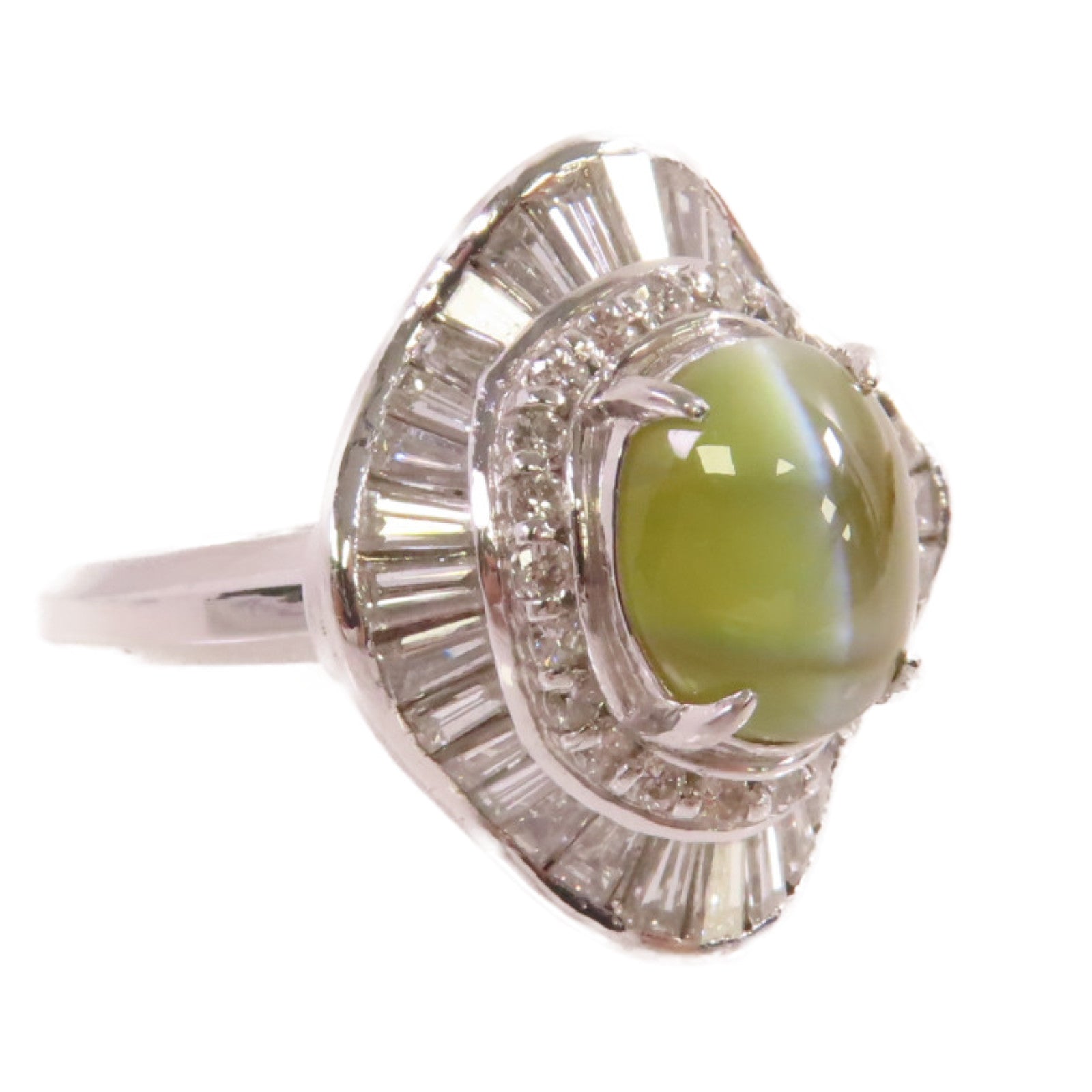 JEWELRY PT900鉑金/3.69ct貓眼石/1.52ct鑚石Cat's Eye Diamond Ring戒指US#5.5