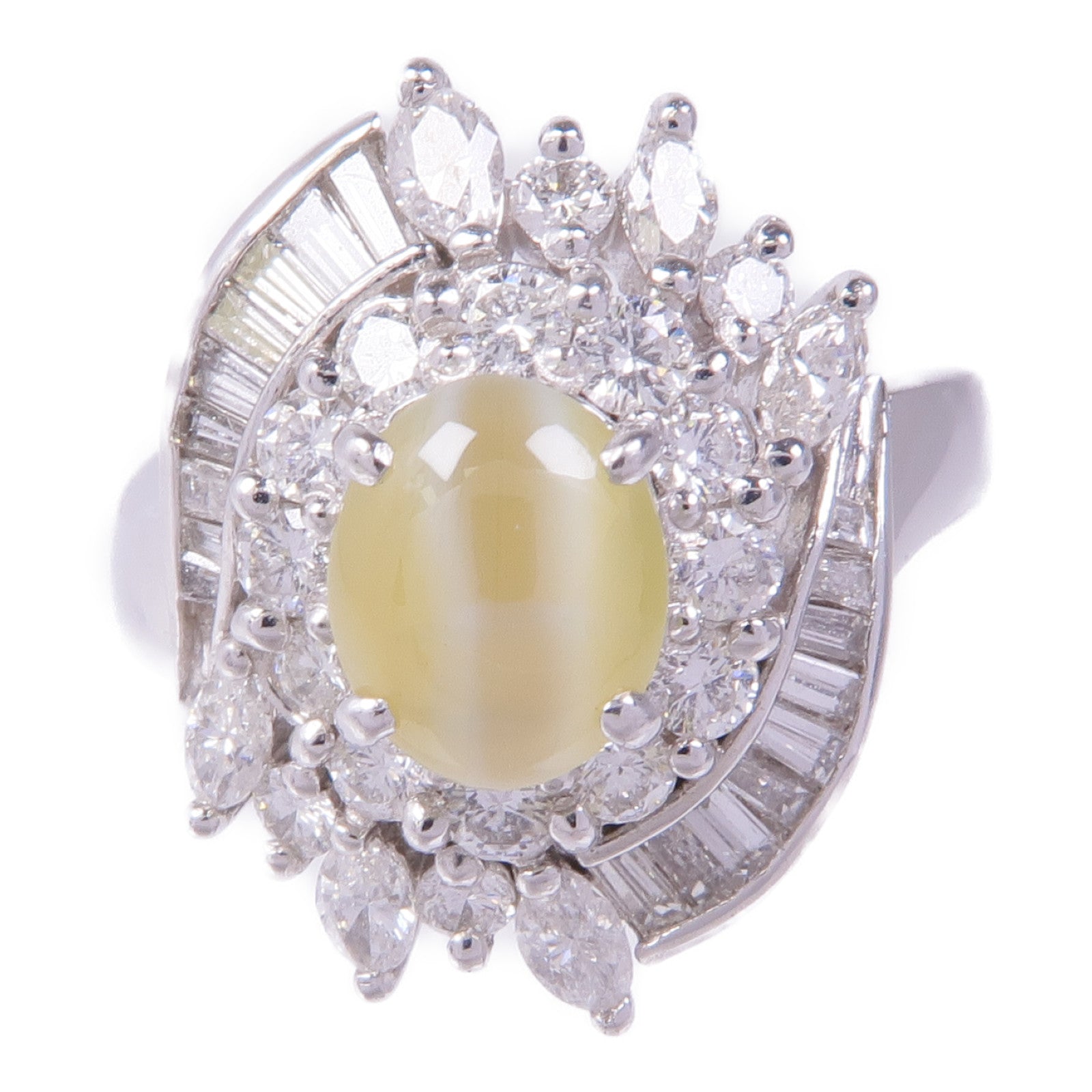JEWELRY PT850鉑金Chrysoberyl Cats Eye Diamond Ring金綠玉貓眼/鑽石戒指US#6
