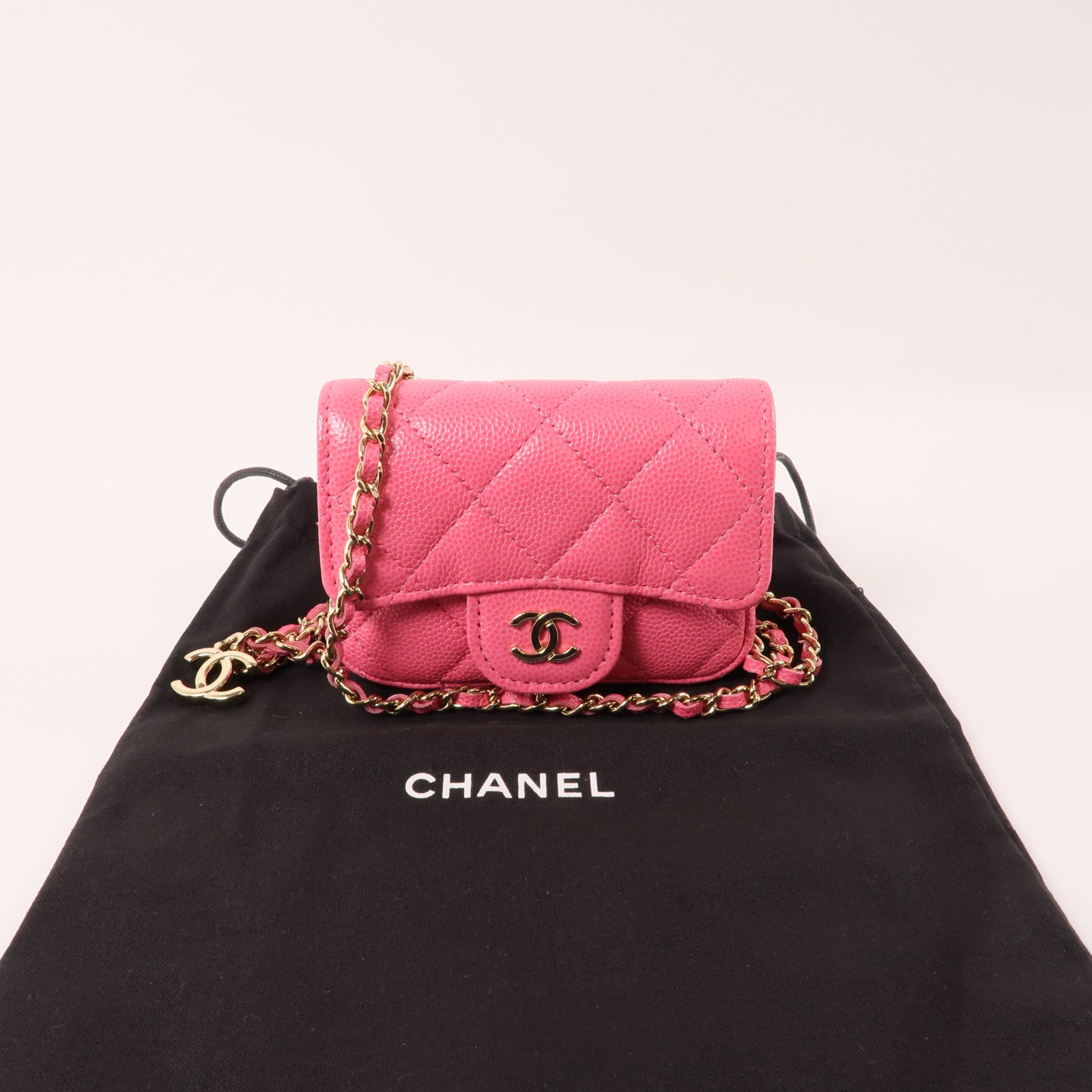 CHANEL 牛皮皮革Chain Waist Bag金扣腰包粉紅色